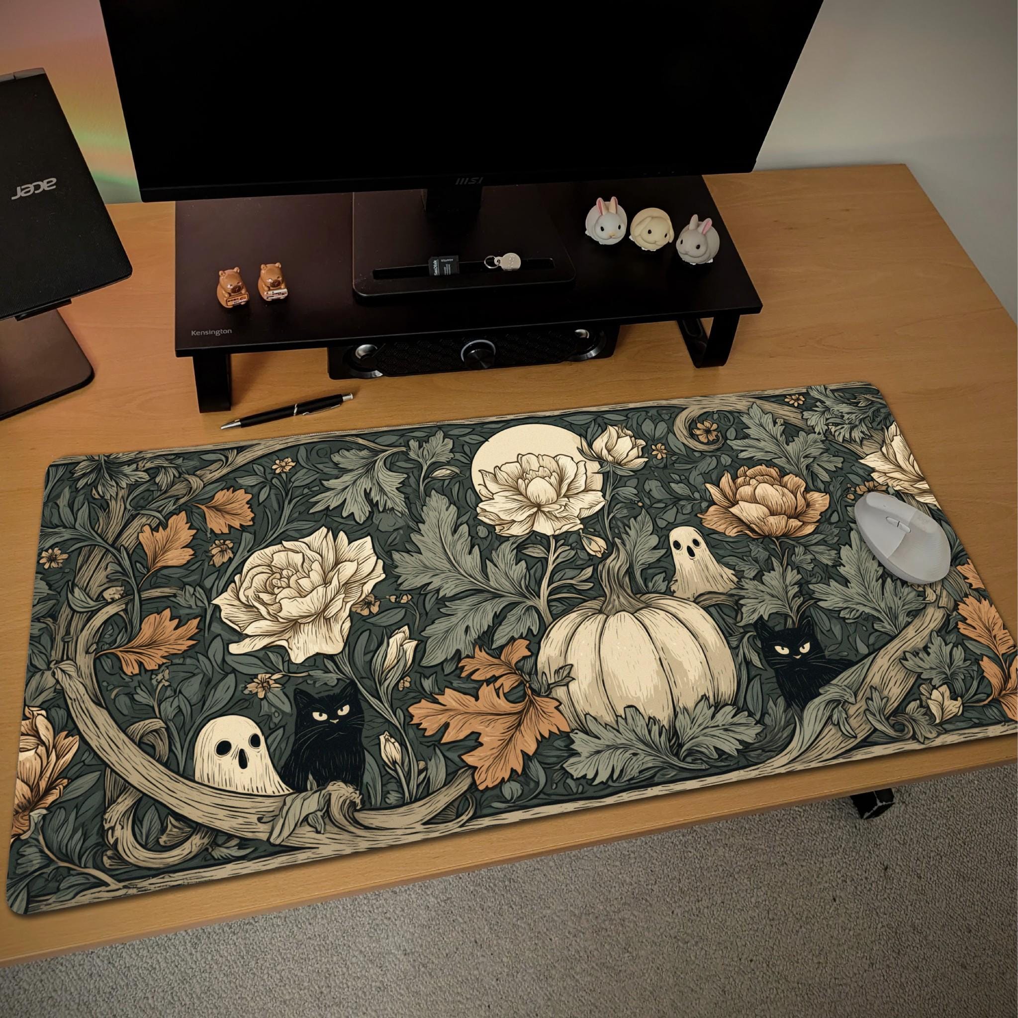Vintage Botanical Halloween Desk Mat | William Morris Style Floral Ghost Mouse Pad | Sage Green Decor with Pumpkin and Black Cats