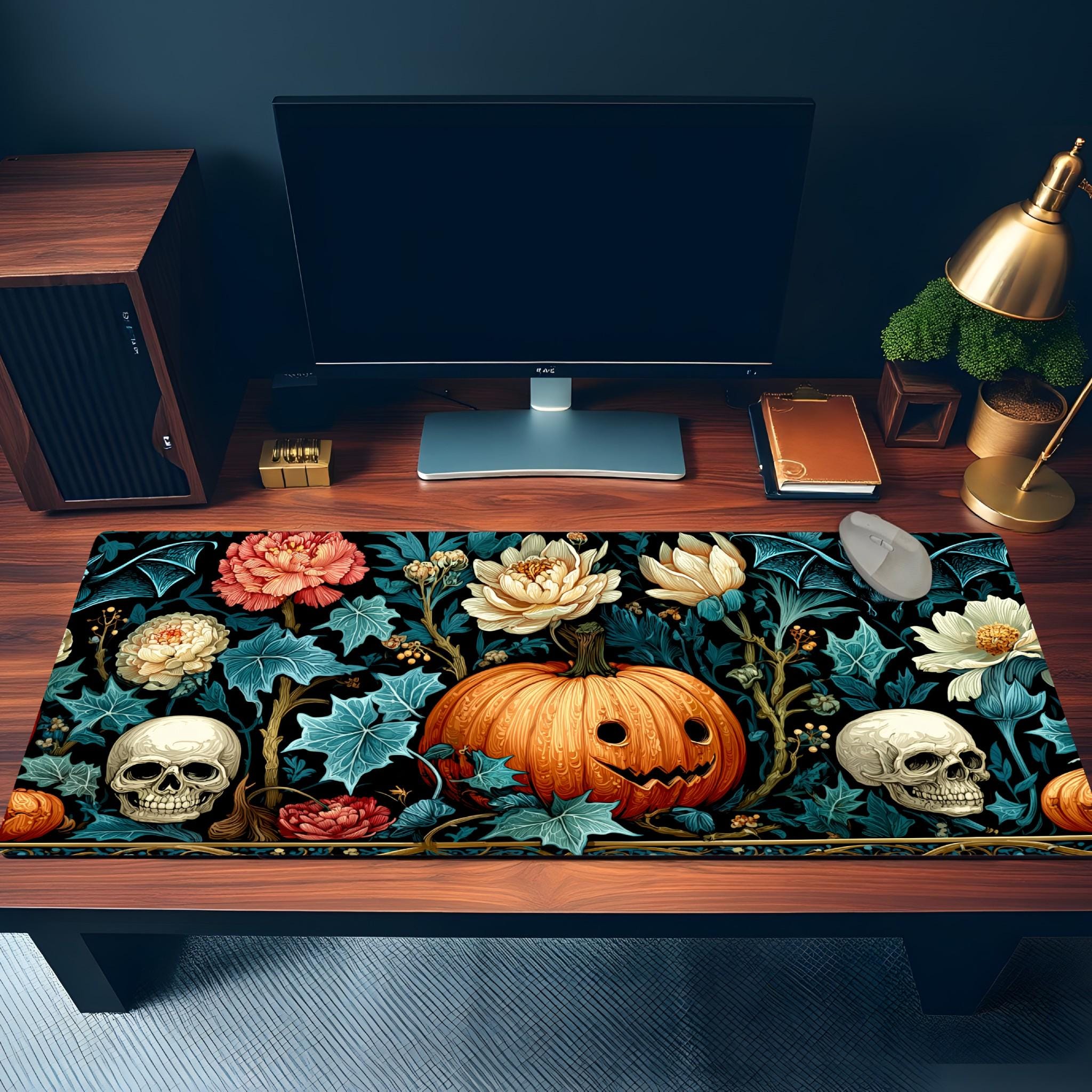 Dark Floral Halloween Desk Mat | Gothic Botanical Skull Pumpkin Mouse Pad | Teal Orange Victorian Style