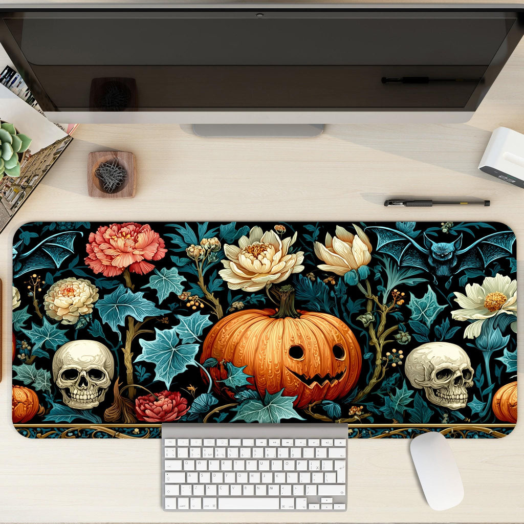 Dark Floral Halloween Desk Mat | Gothic Botanical Skull Pumpkin Mouse Pad | Teal Orange Victorian Style