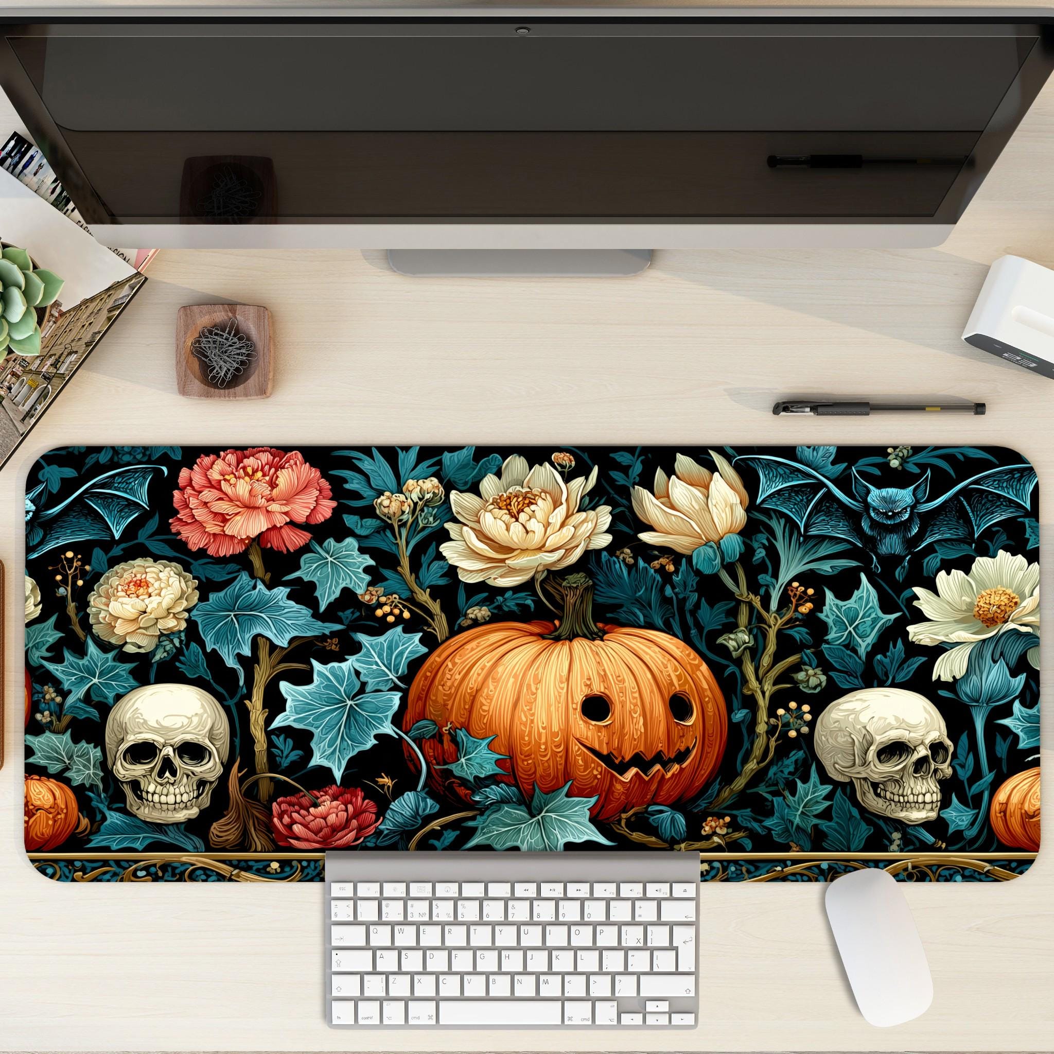 Dark Floral Halloween Desk Mat | Gothic Botanical Skull Pumpkin Mouse Pad | Teal Orange Victorian Style