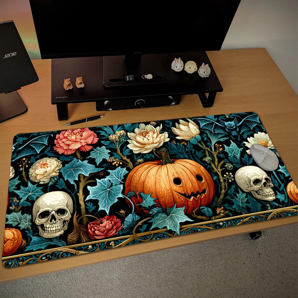 Dark Floral Halloween Desk Mat | Gothic Botanical Skull Pumpkin Mouse Pad | Teal Orange Victorian Style