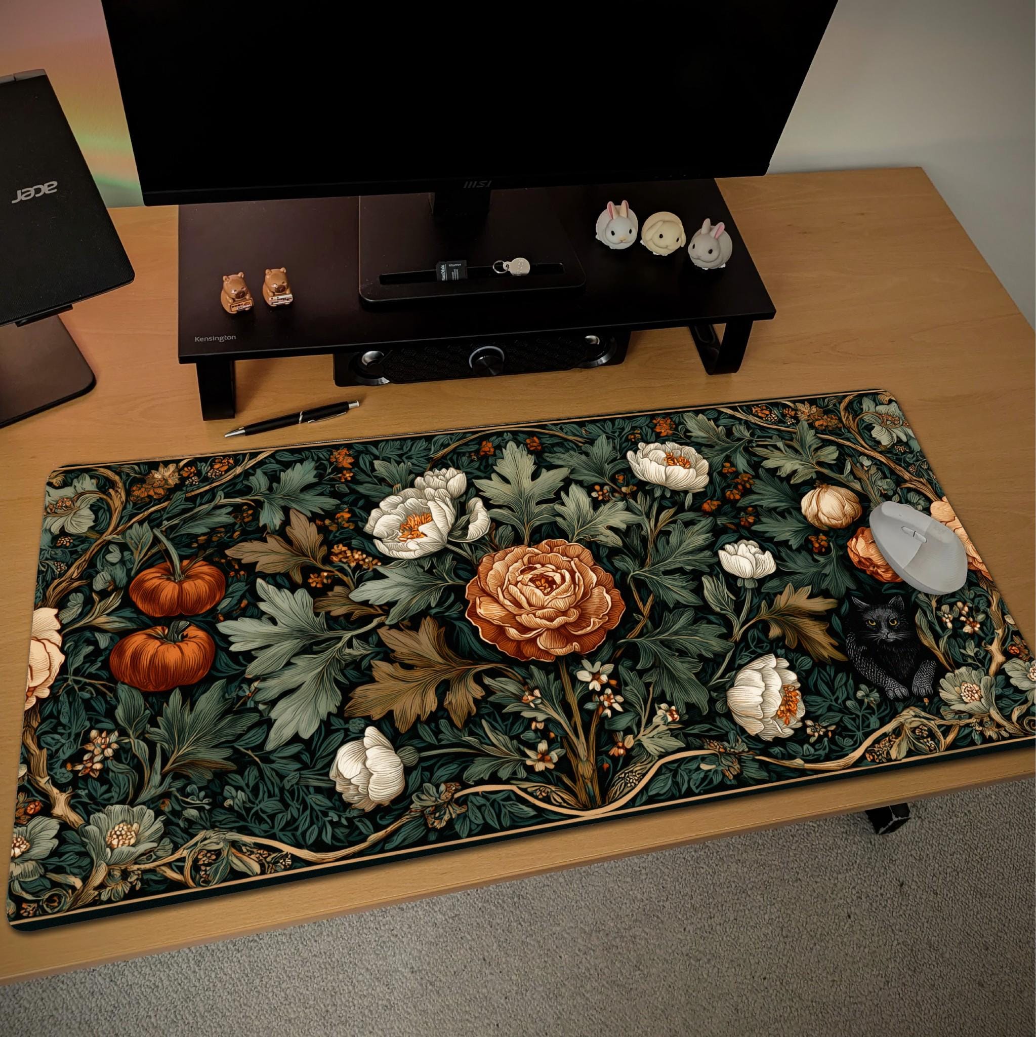Autumn Botanical Desk Mat | William Morris Floral Cat Mouse Pad | Dark Green Orange Victorian Arts Crafts Decor