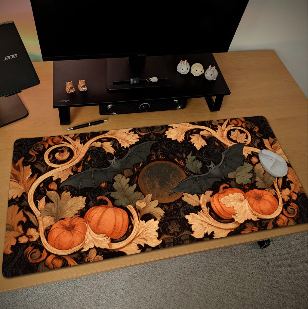 Gothic Halloween Desk Mat | Dark Academia Aesthetic Office Decor with Pumpkins and Bat Motifs | Large Desk Art Gaming Setup