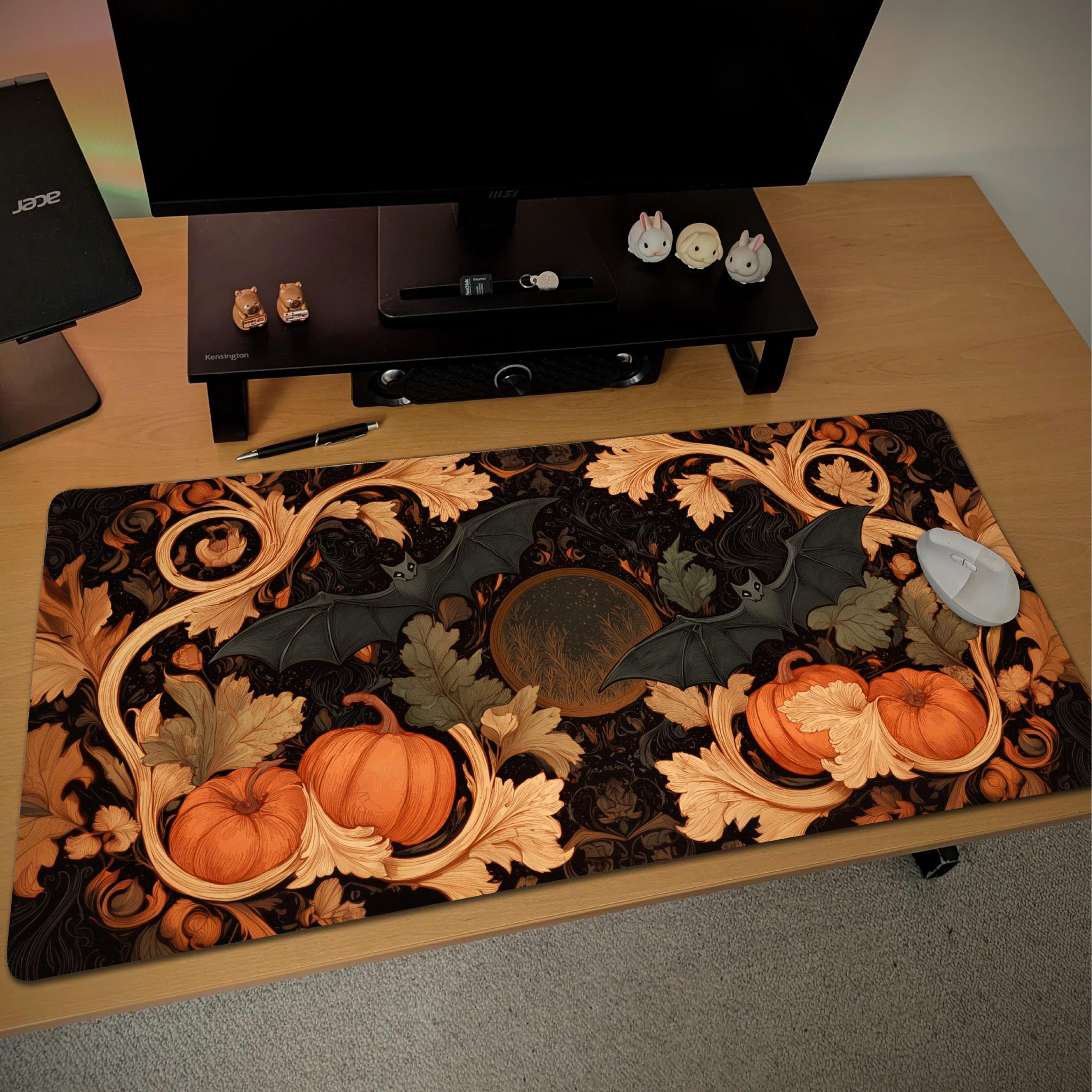 Gothic Halloween Desk Mat | Dark Academia Aesthetic Office Decor with Pumpkins and Bat Motifs | Large Desk Art Gaming Setup