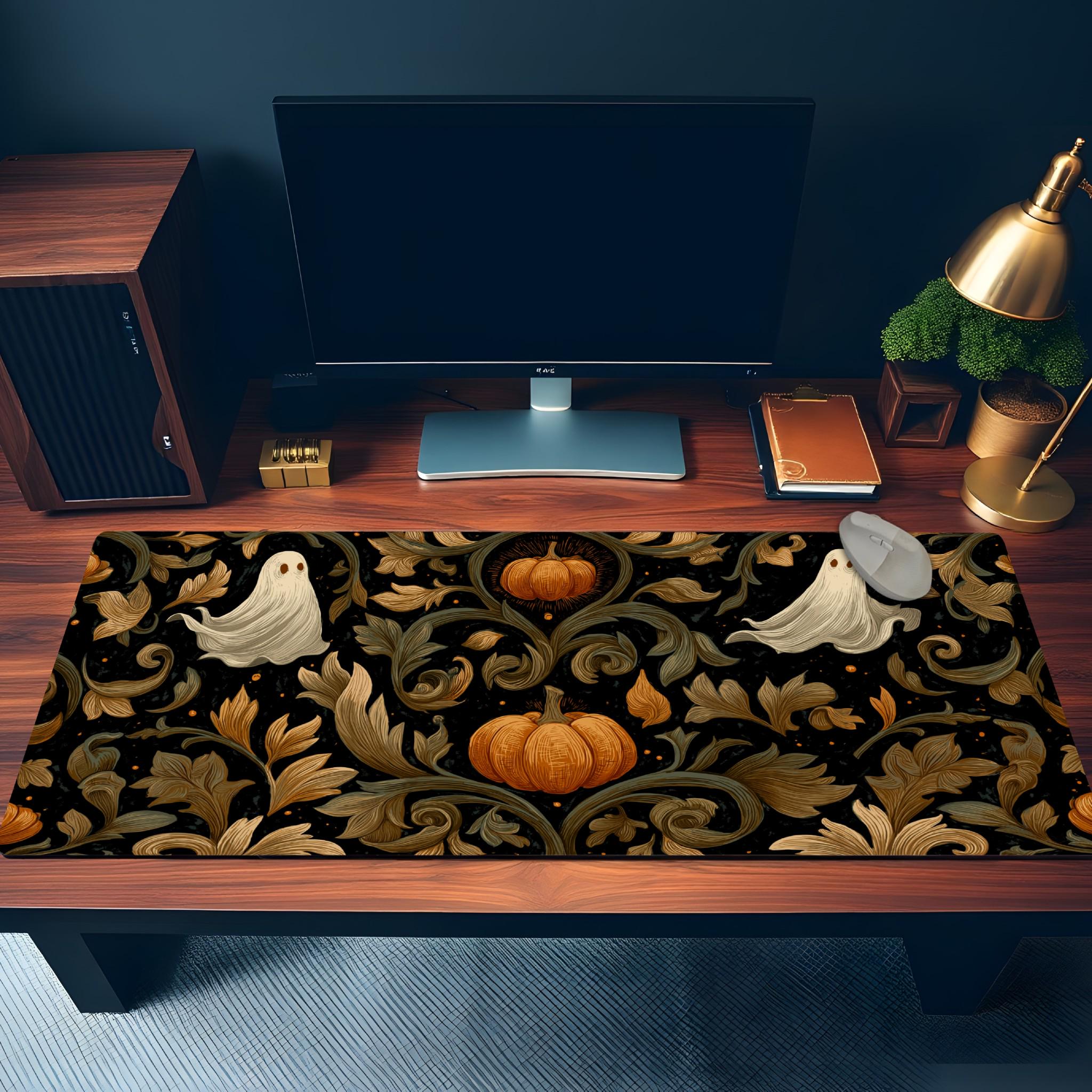 Haunted Halloween Desk Mat | Whimsical Ghost and Pumpkin Mouse Pad | Cozy Dark Vintage Halloween Decor