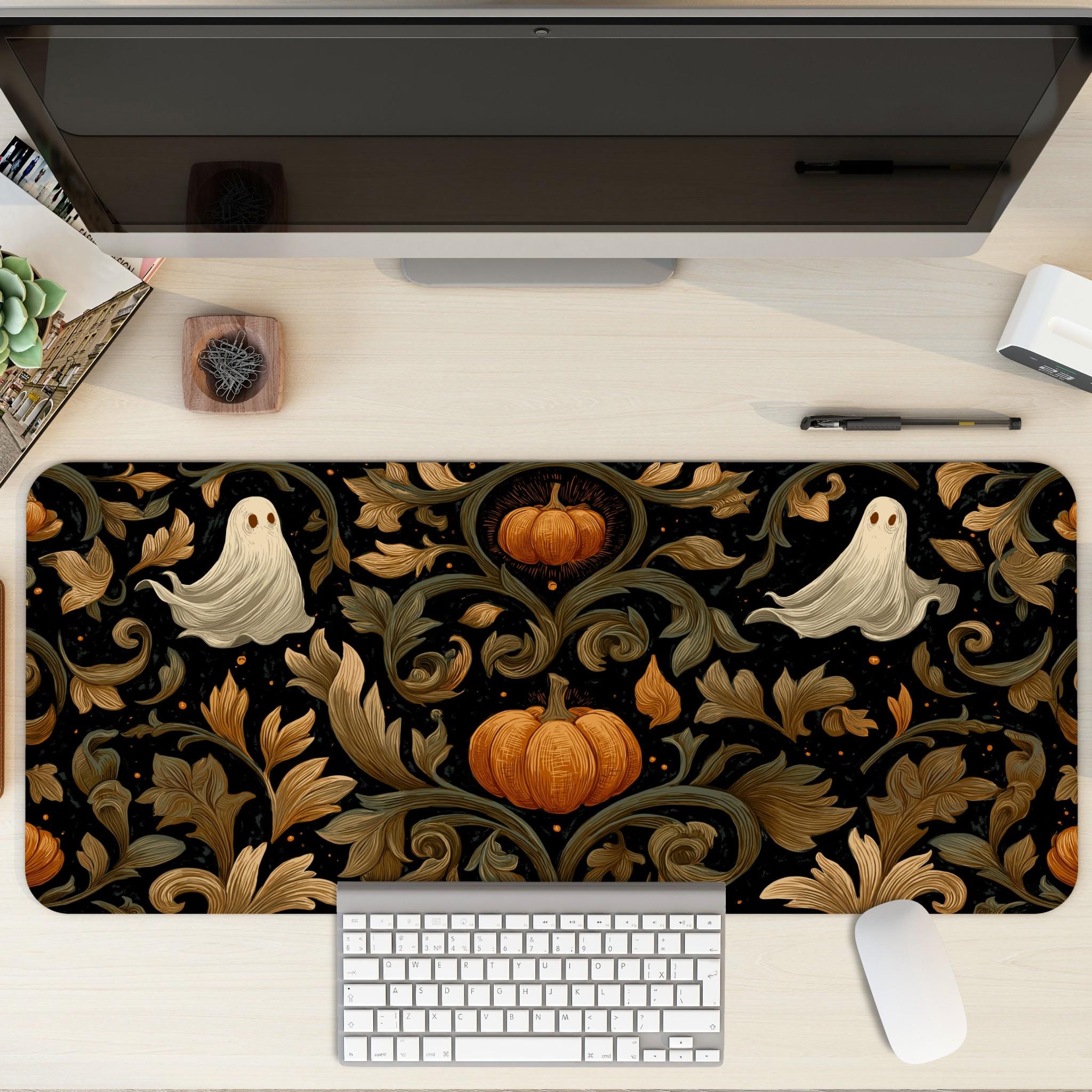 Haunted Halloween Desk Mat | Whimsical Ghost and Pumpkin Mouse Pad | Cozy Dark Vintage Halloween Decor