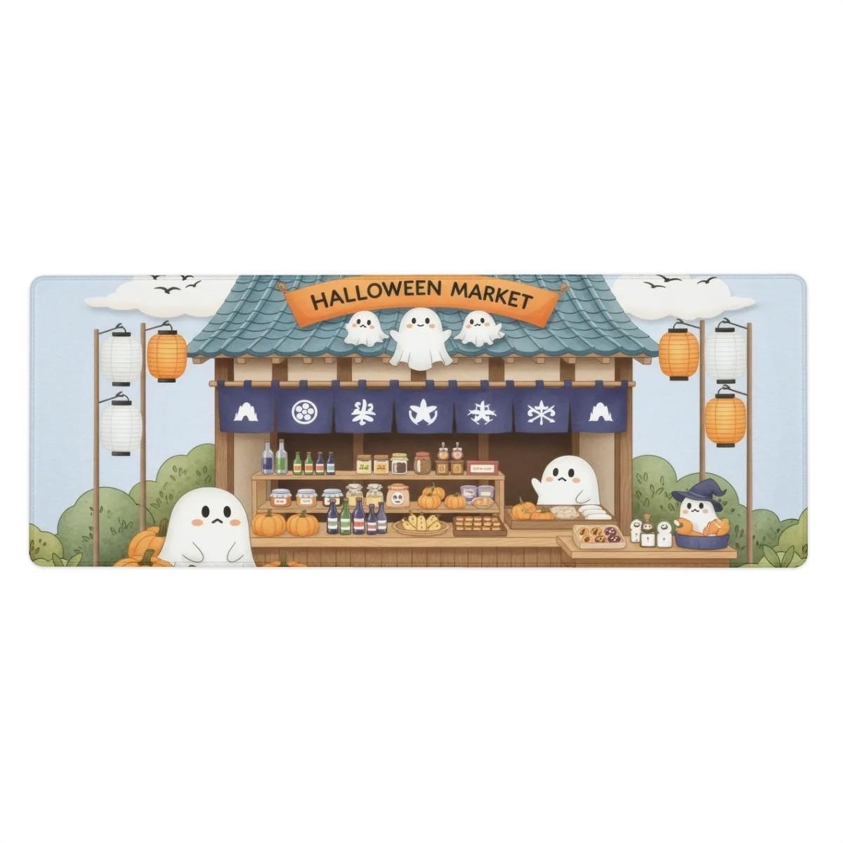 Halloween Market Desk Mat | Kawaii Ghost Stall Drawing, Orange Blue Aesthetic | Autumn Cozy Office Decor