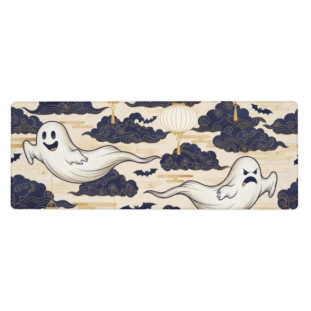 Blue Clouds Halloween Desk Mat | Ghost Lantern Mouse Pad, Navy Gold Aesthetcs