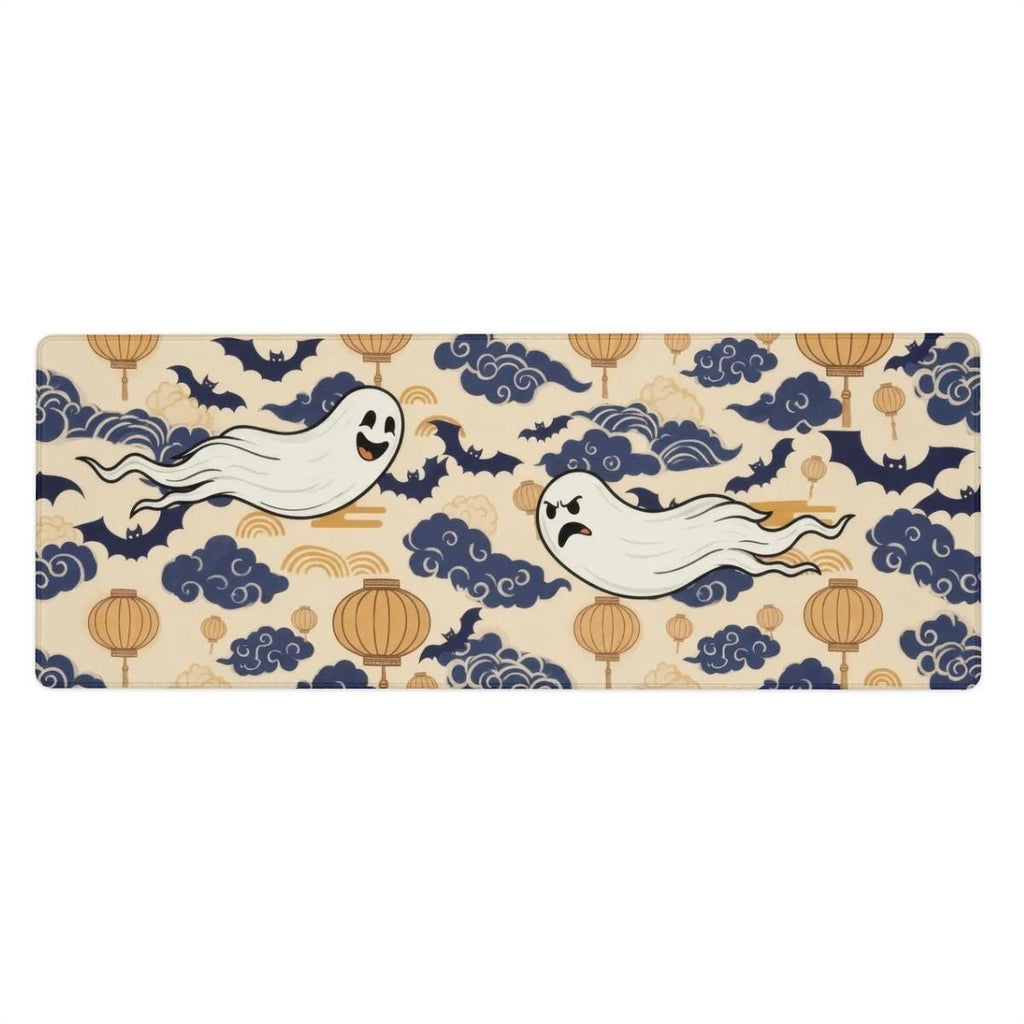 Cute Ghost Desk Mat | Japanese Clouds and Lantern Mouse Pad | Navy Gold Pattern, Kawaii Office Decor