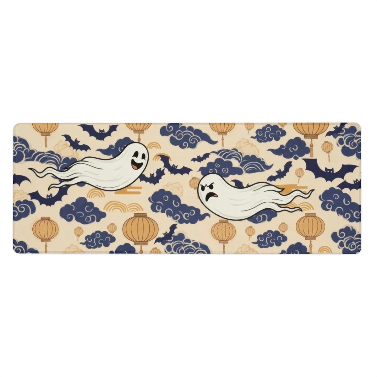 Cute Ghost Desk Mat | Japanese Clouds and Lantern Mouse Pad | Navy Gold Pattern, Kawaii Office Decor