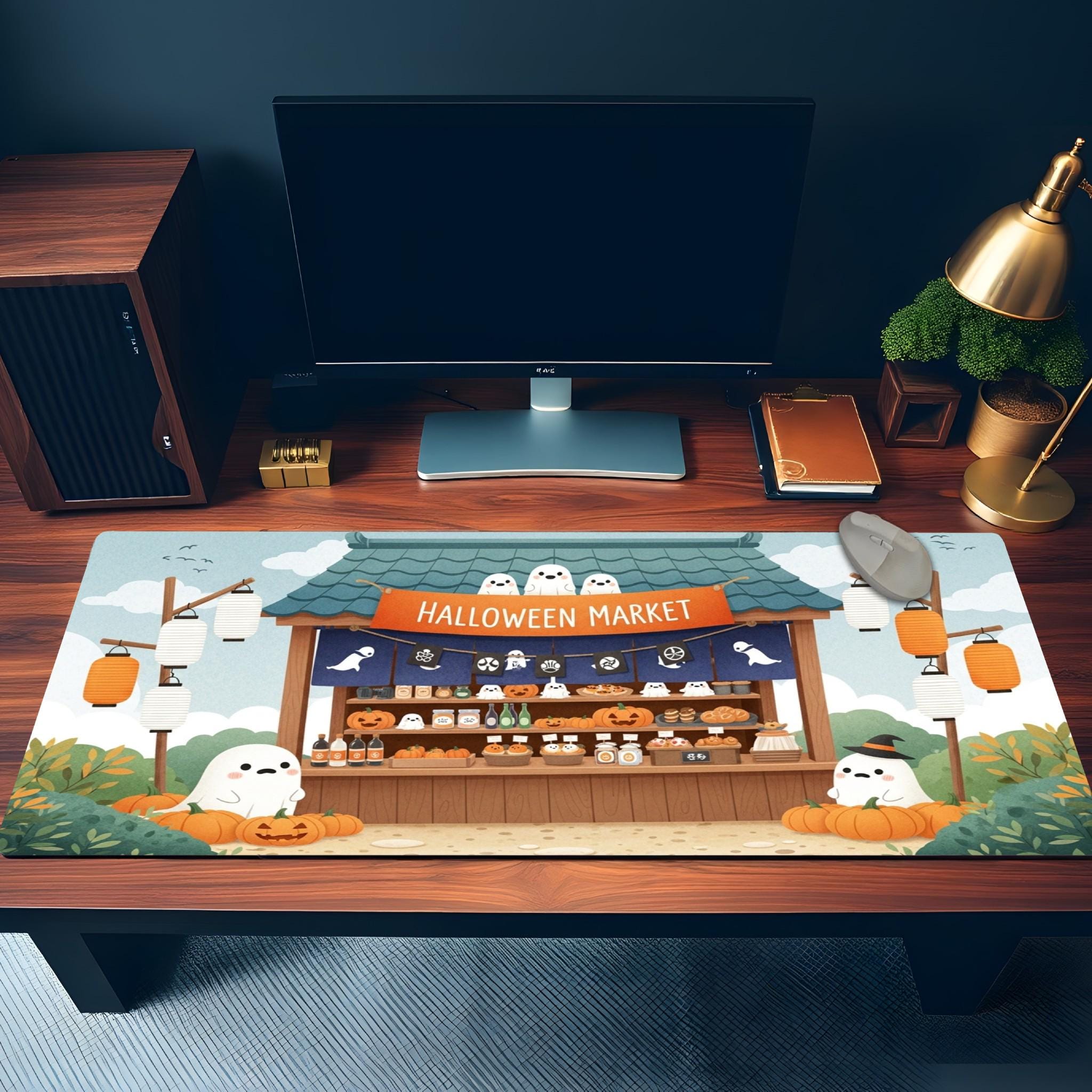 Kawaii Halloween Desk Pad | Japanese Stall, Orange Blue Green Scene, Ghost Pumpkin Vendor Design, Cozy Desk Decor