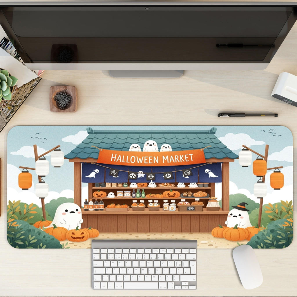 Kawaii Halloween Desk Pad | Japanese Stall, Orange Blue Green Scene, Ghost Pumpkin Vendor Design, Cozy Desk Decor