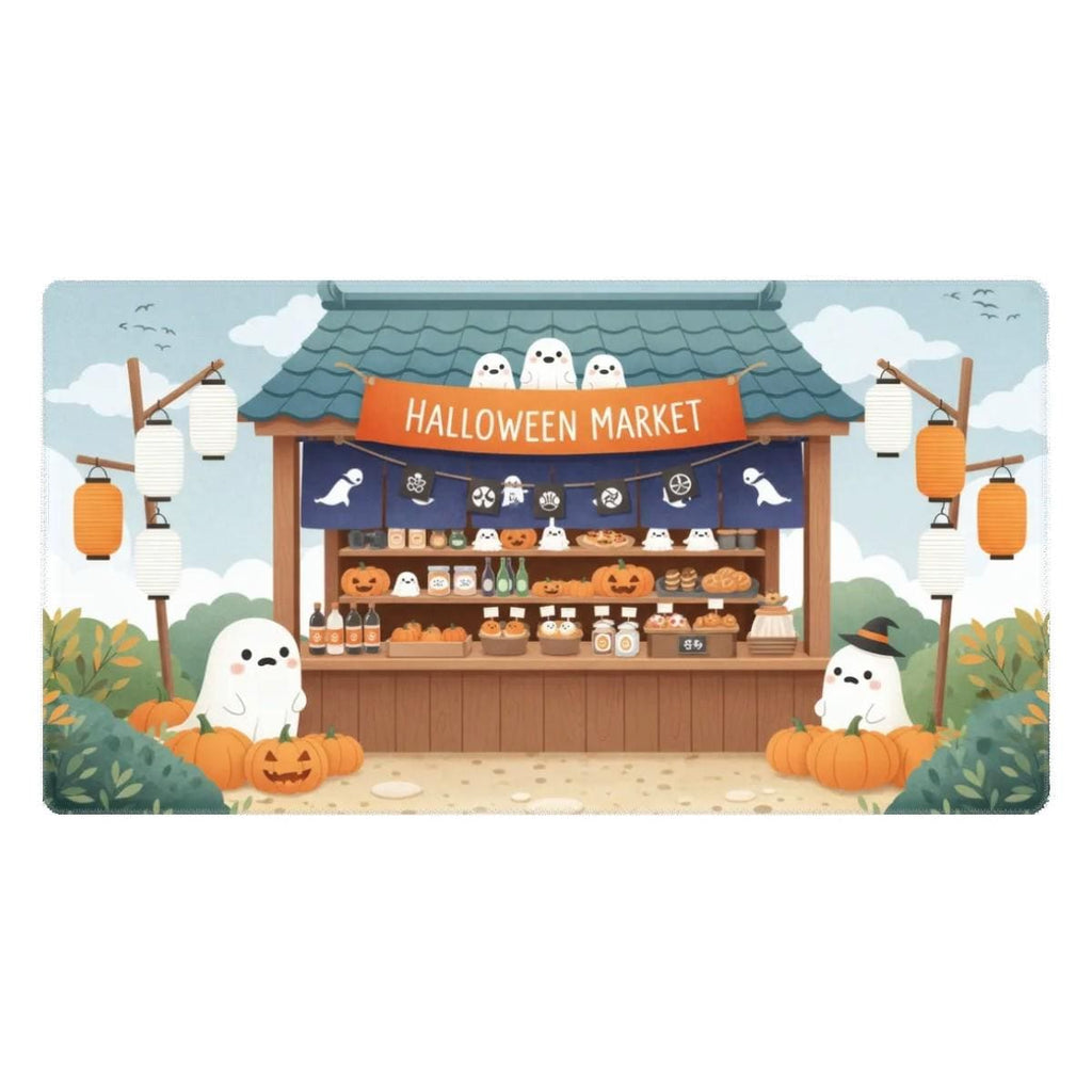 Kawaii Halloween Desk Pad | Japanese Stall, Orange Blue Green Scene, Ghost Pumpkin Vendor Design, Cozy Desk Decor