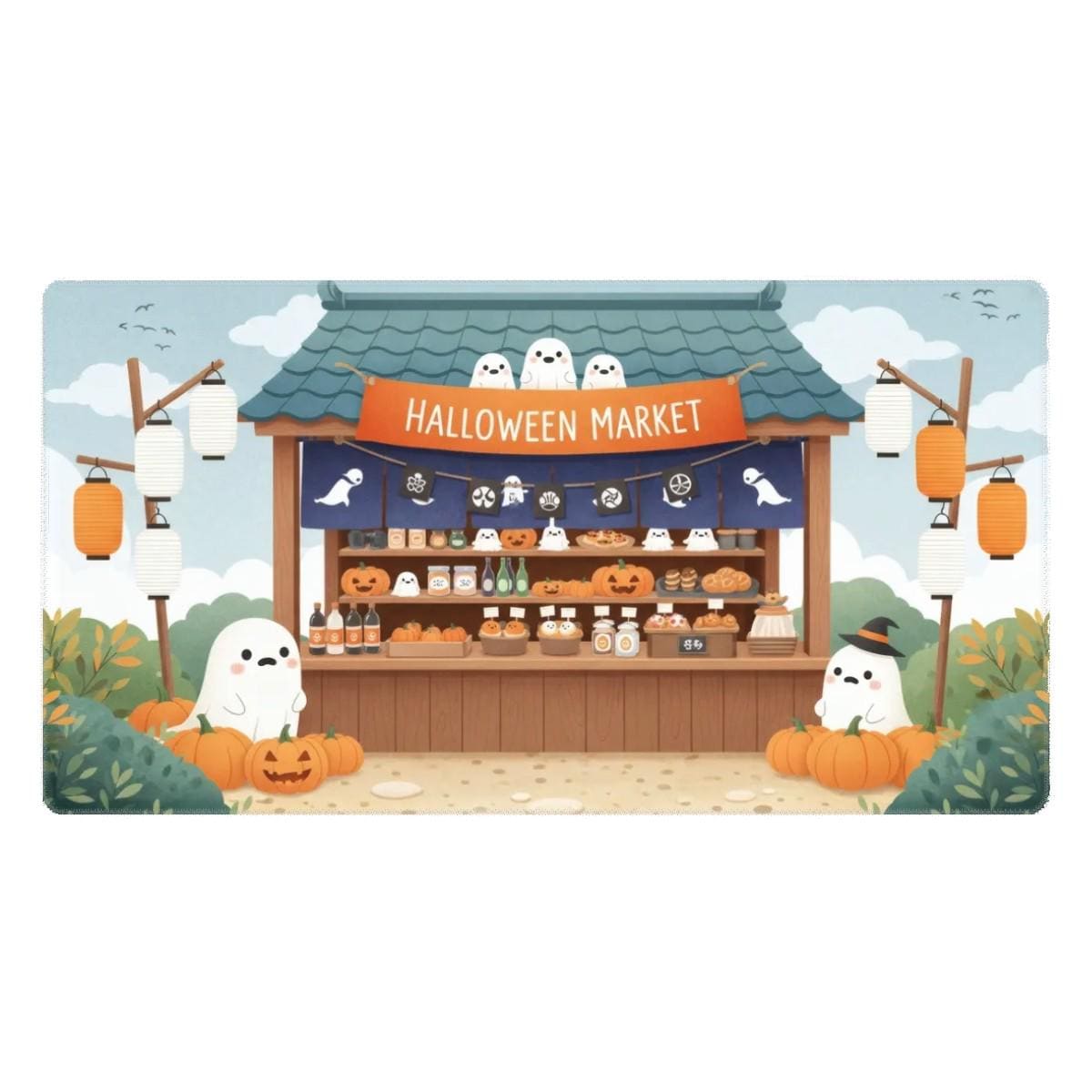 Kawaii Halloween Desk Pad | Japanese Stall, Orange Blue Green Scene, Ghost Pumpkin Vendor Design, Cozy Desk Decor
