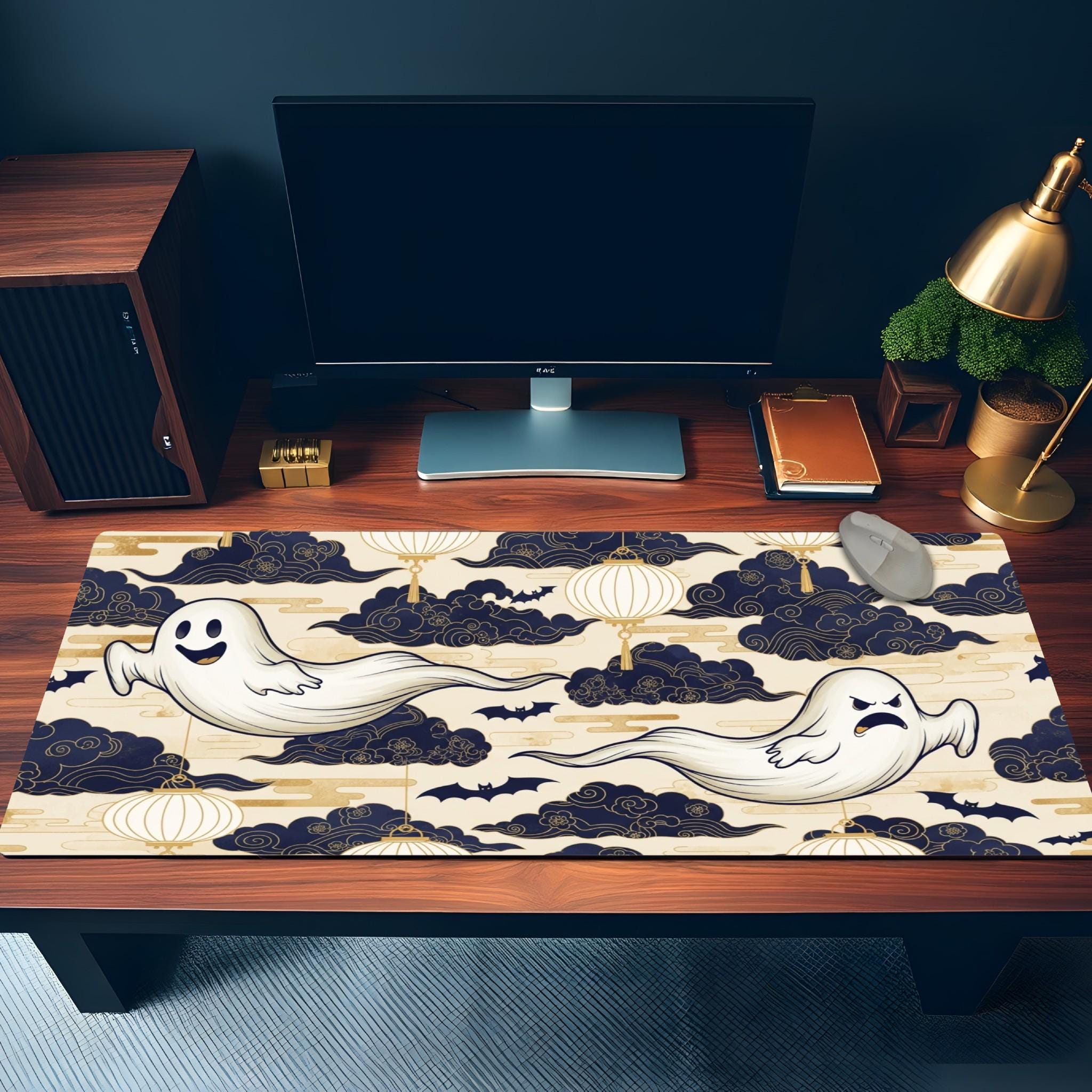 Blue Clouds Halloween Desk Mat | Ghost Lantern Mouse Pad, Navy Gold Aesthetcs