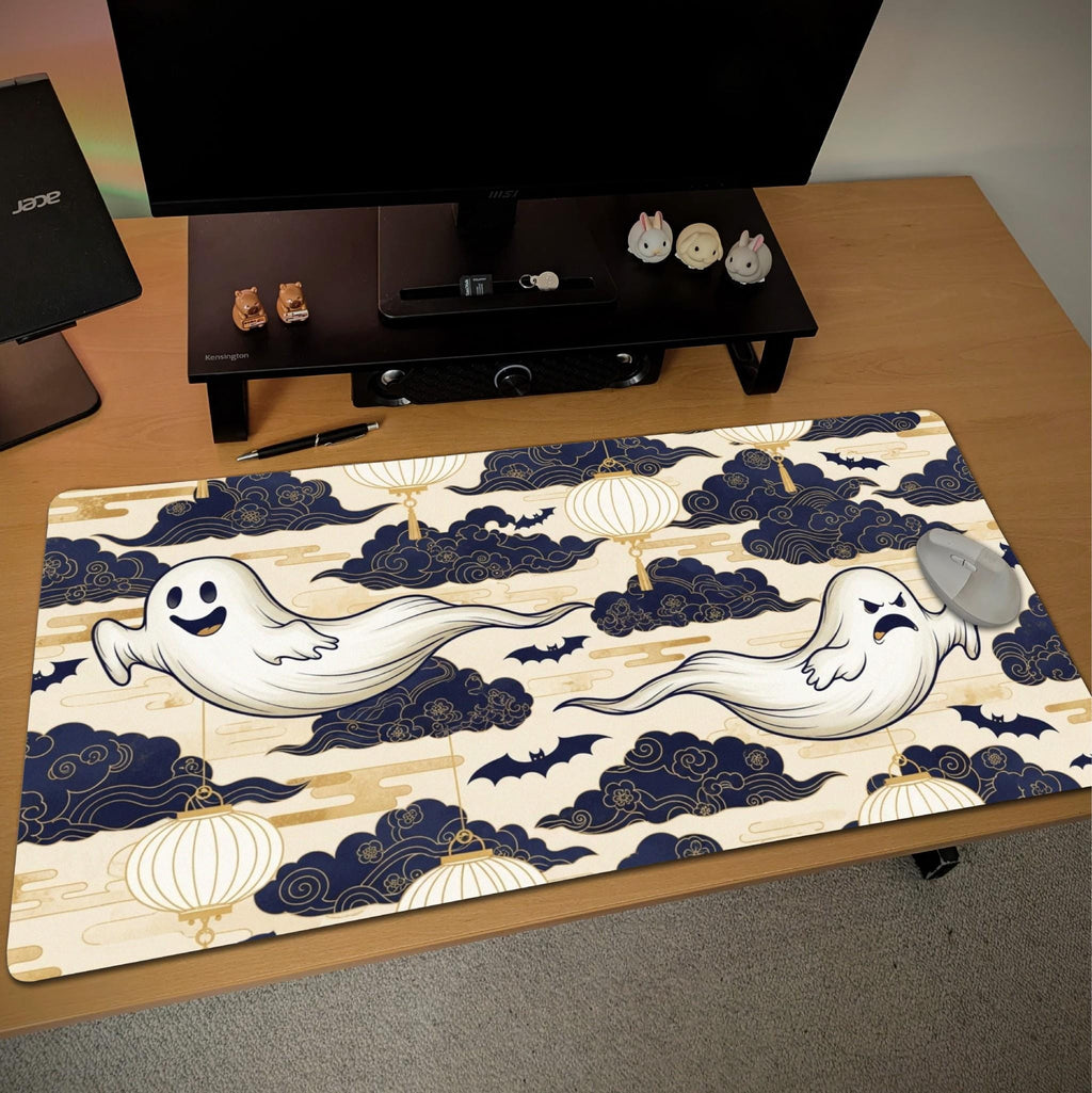 Blue Clouds Halloween Desk Mat | Ghost Lantern Mouse Pad, Navy Gold Aesthetcs