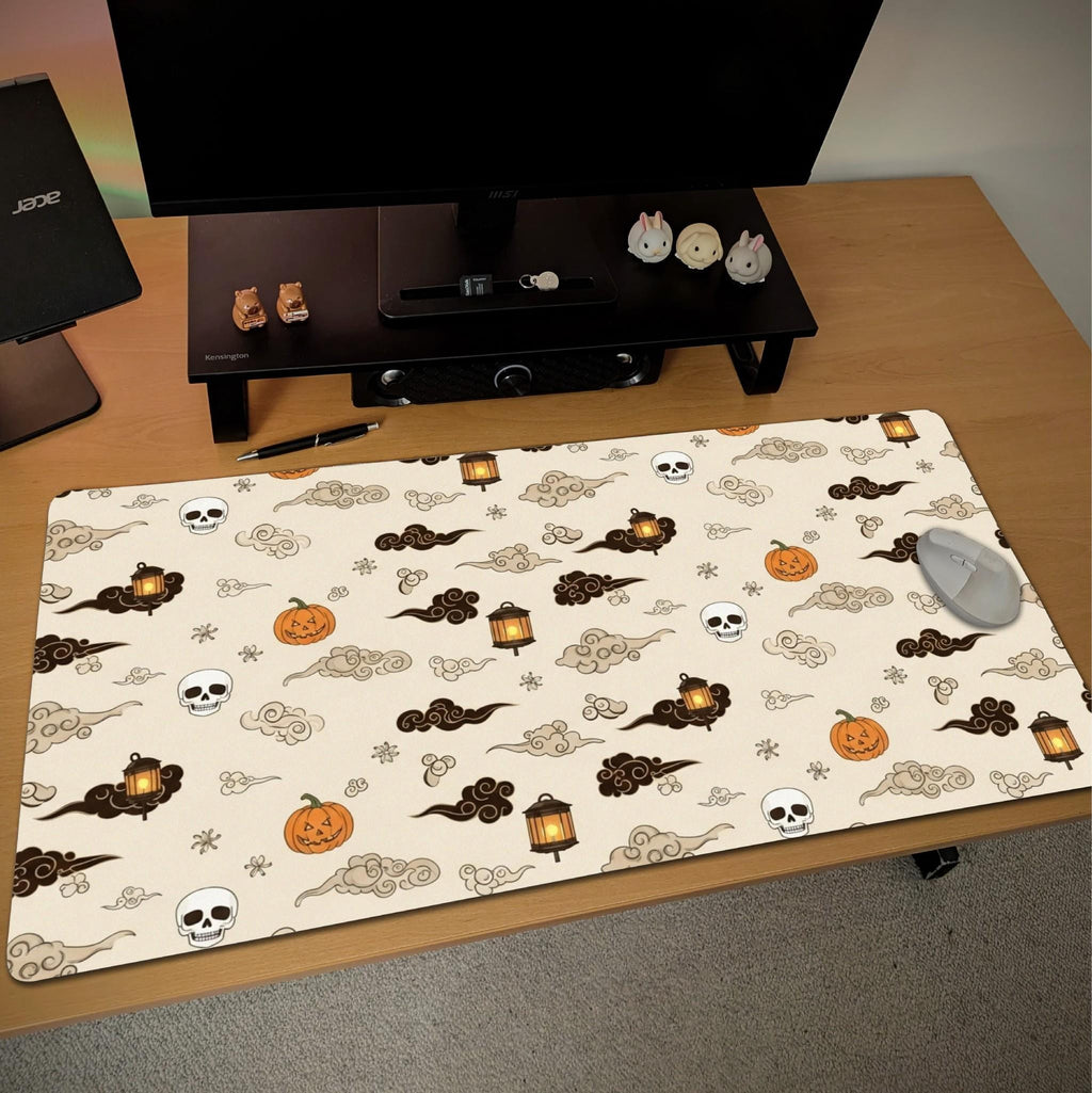 Japanese Spooky Pattern Desk Mat | Halloween Vibes with Cloud Design, Spooky Aesthetic Office Decor