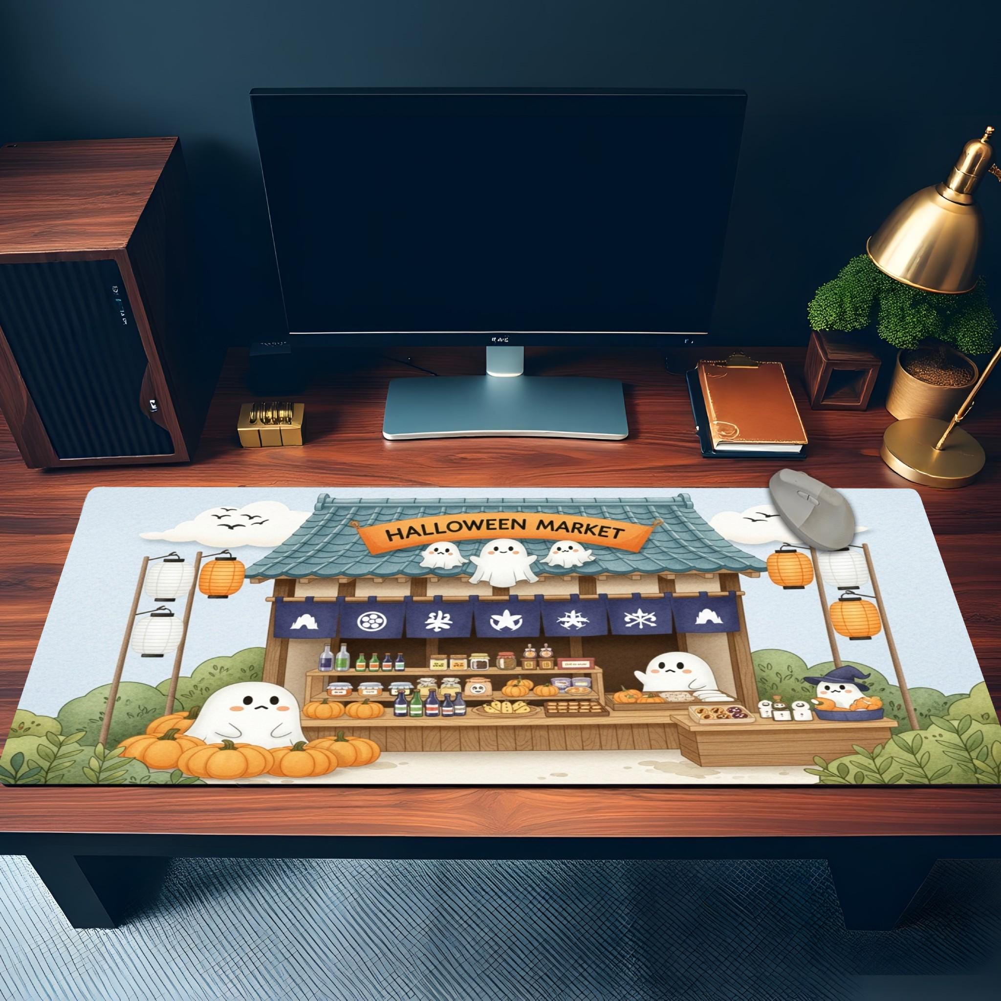 Halloween Market Desk Mat | Kawaii Ghost Stall Drawing, Orange Blue Aesthetic | Autumn Cozy Office Decor