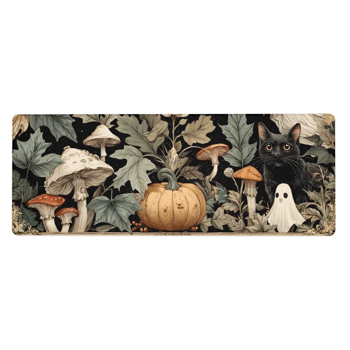 Dark Cottagcore Halloween Desk Mat | Mushrooms Botanical Theme Desk Pad | Black Cat and Ghost Desk Decor