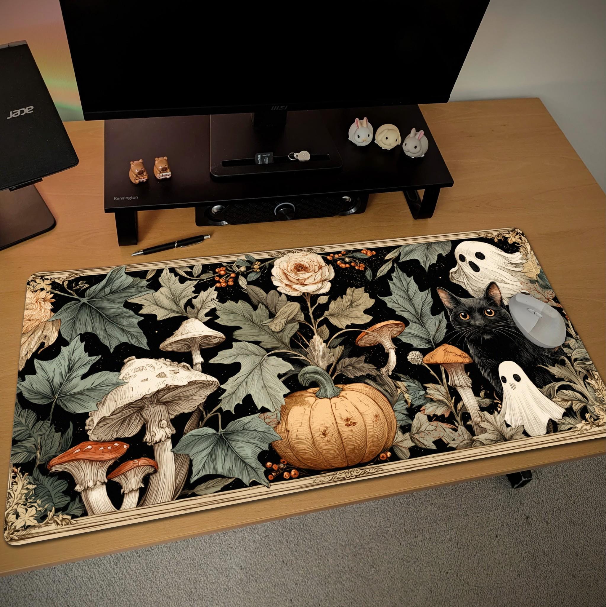 Dark Cottagcore Halloween Desk Mat | Mushrooms Botanical Theme Desk Pad | Black Cat and Ghost Desk Decor