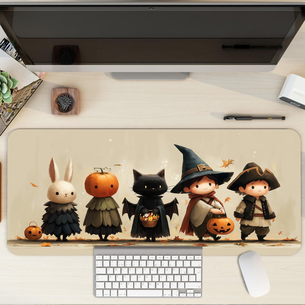 Cute Halloween Cartoon Desk Mat | Witchy Storybook Characters Mouse Pad | Cute Autumn Kawaii Desk Decor