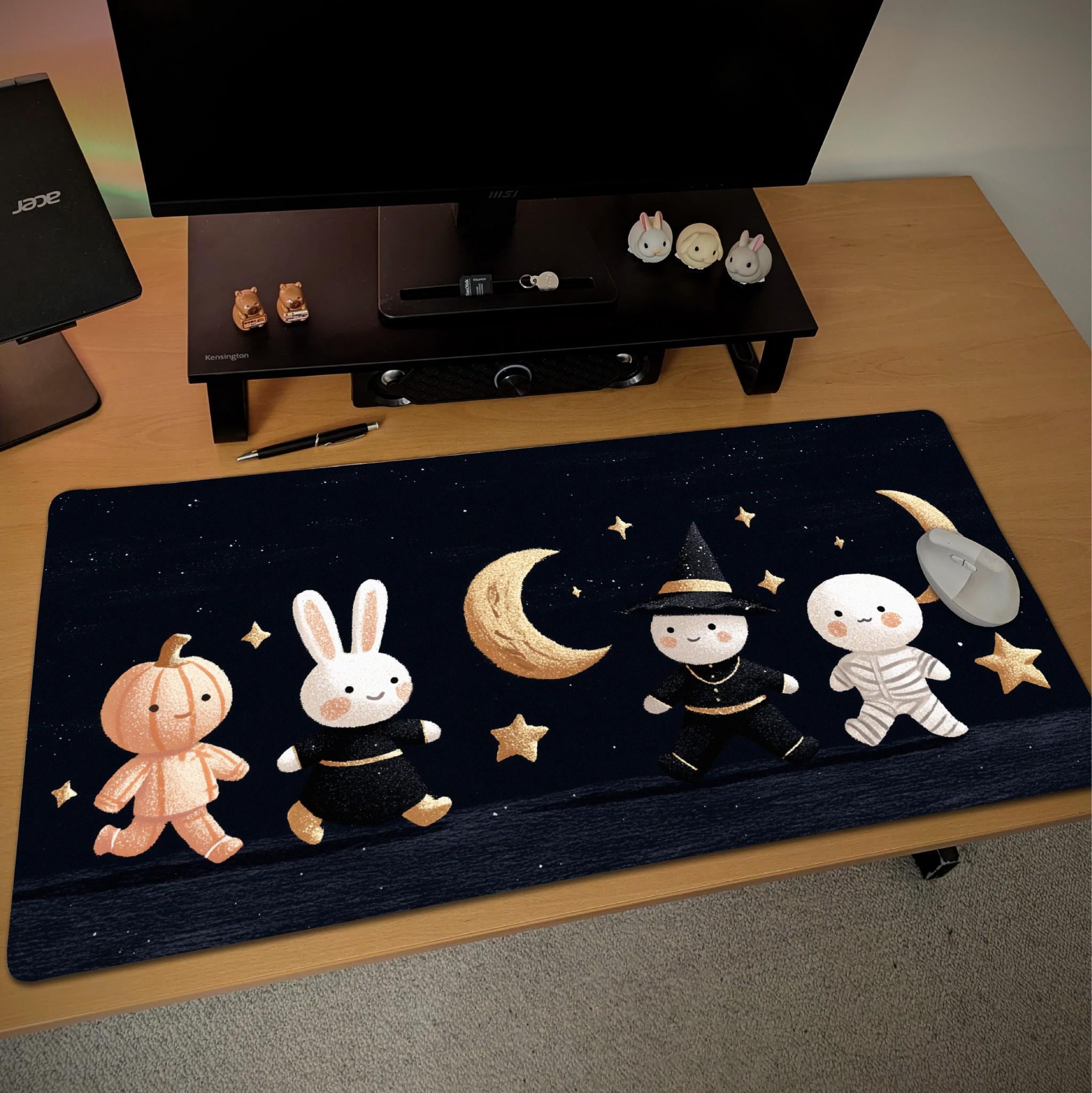 Cute Halloween Celestial Desk Mat | Cozy Plushie Ghost & Witch Mouse Pad | Mini Characters Drawing Desk Decor
