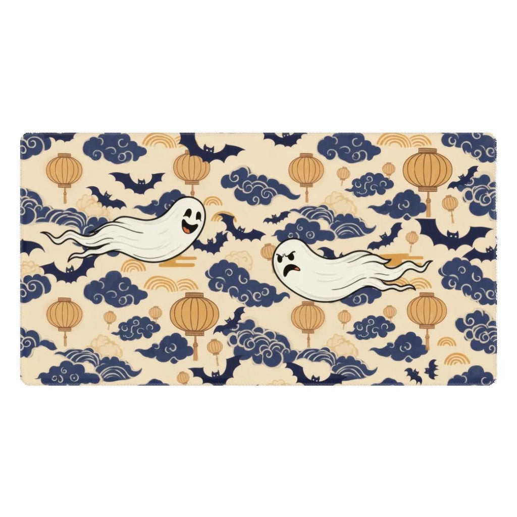 Cute Ghost Desk Mat | Japanese Clouds and Lantern Mouse Pad | Navy Gold Pattern, Kawaii Office Decor