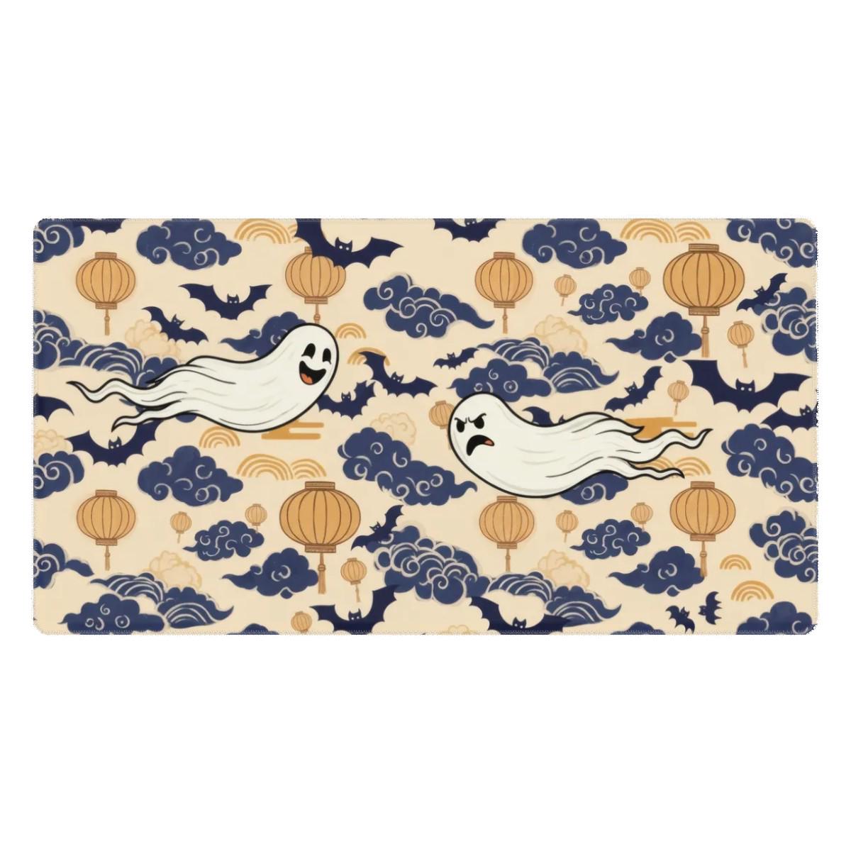 Cute Ghost Desk Mat | Japanese Clouds and Lantern Mouse Pad | Navy Gold Pattern, Kawaii Office Decor