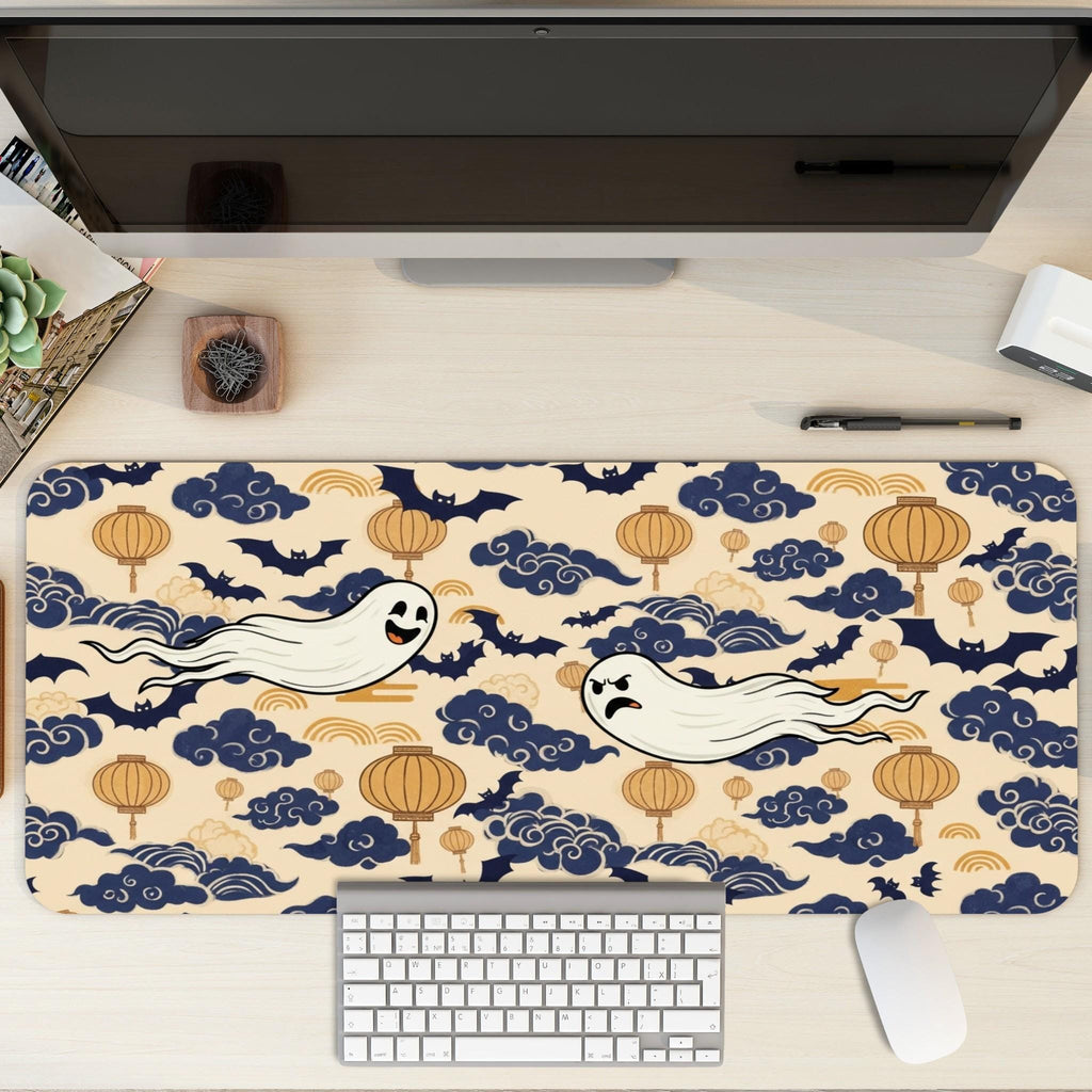 Cute Ghost Desk Mat | Japanese Clouds and Lantern Mouse Pad | Navy Gold Pattern, Kawaii Office Decor