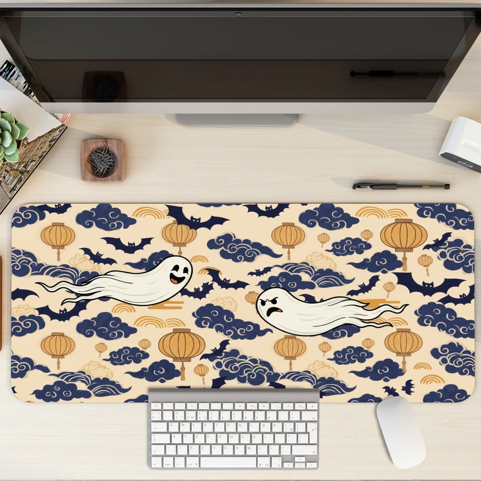 Cute Ghost Desk Mat | Japanese Clouds and Lantern Mouse Pad | Navy Gold Pattern, Kawaii Office Decor