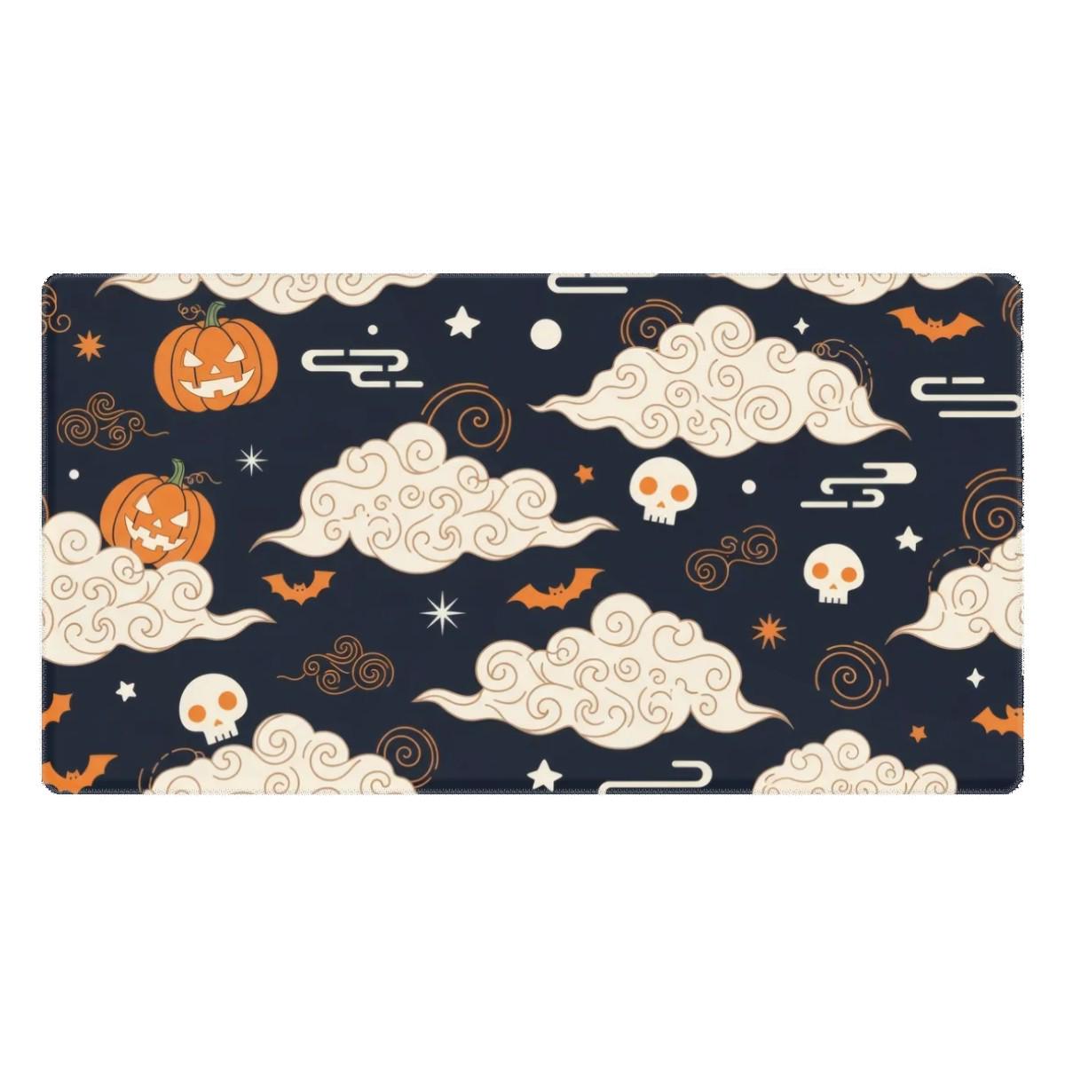 Japanese Cloud Desk Mat | Halloween Pumpkin Skull Mouse Pad | Orange Navy Bat Patterns