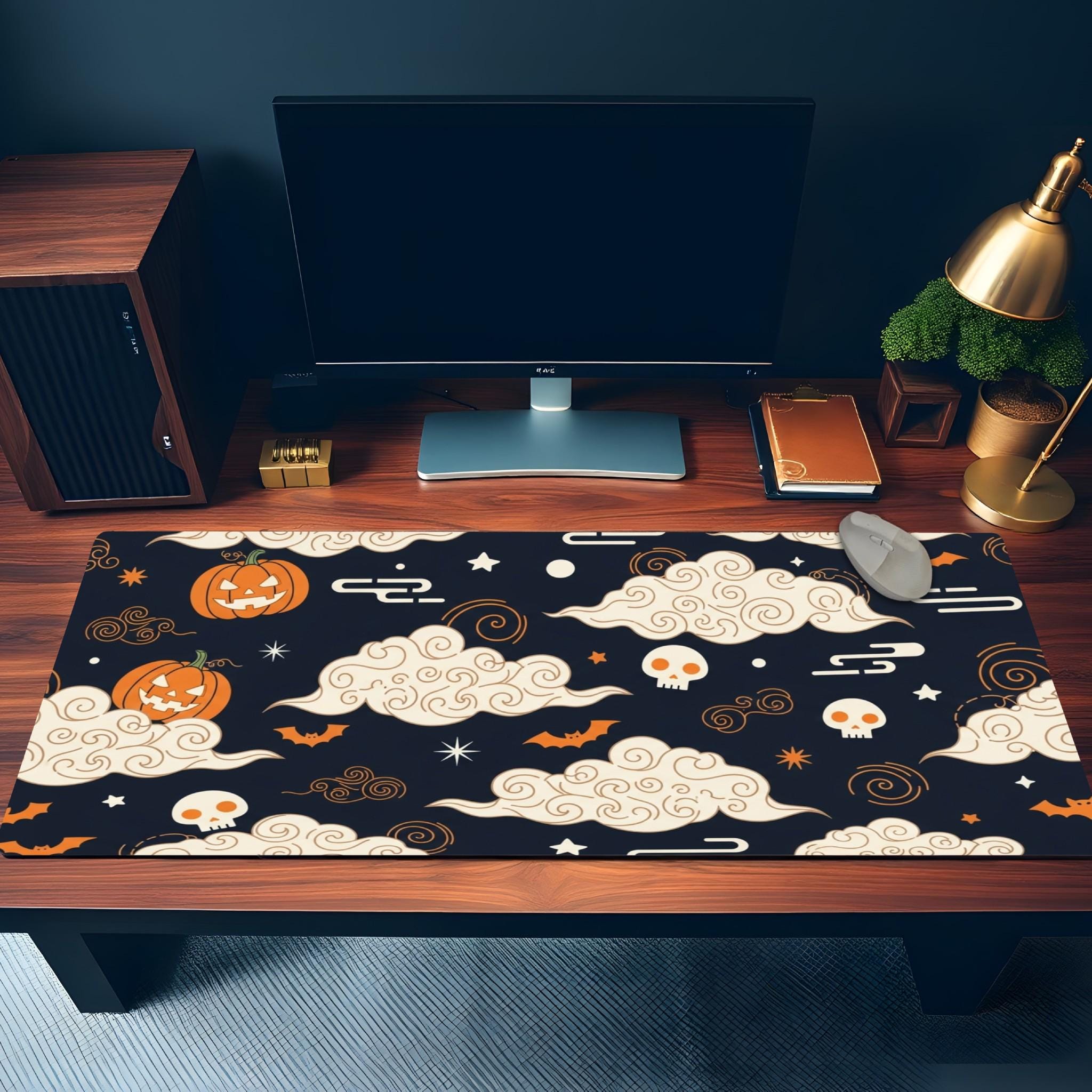 Japanese Cloud Desk Mat | Halloween Pumpkin Skull Mouse Pad | Orange Navy Bat Patterns