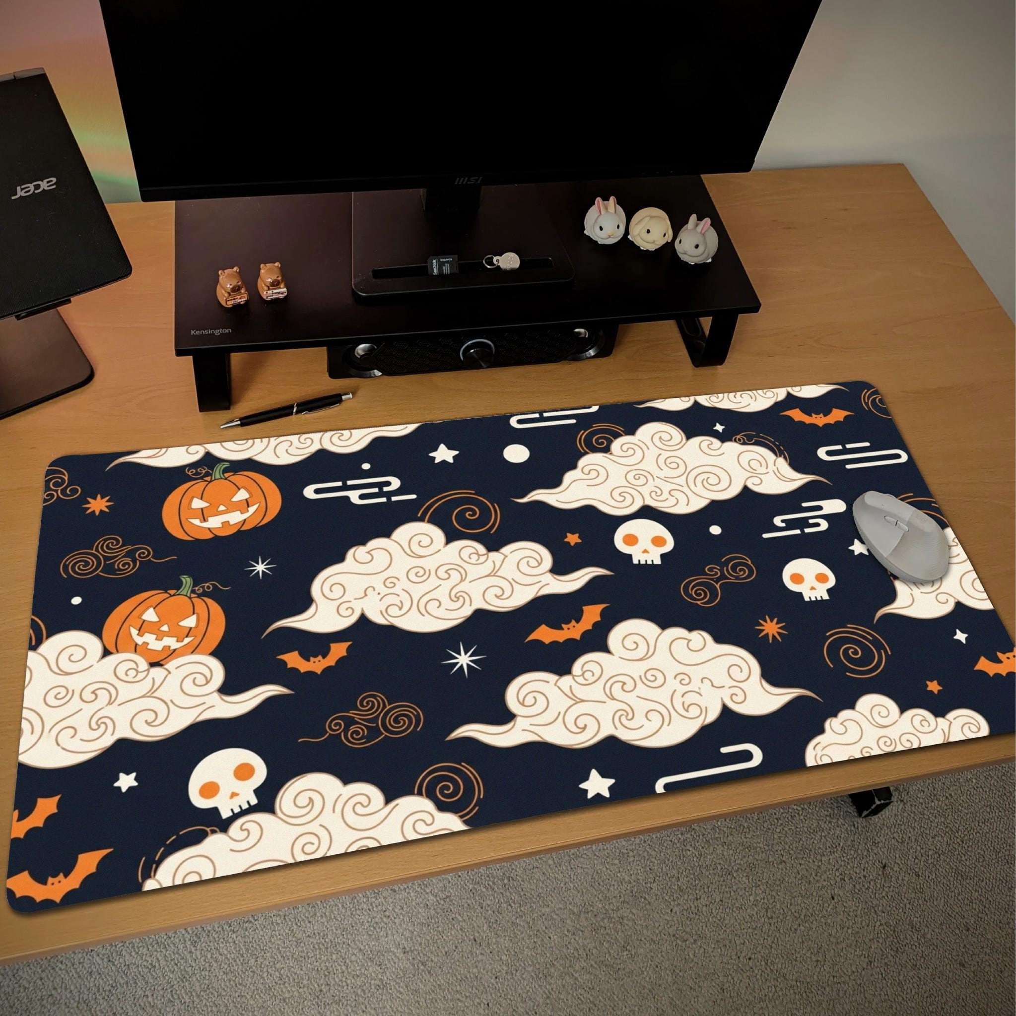 Japanese Cloud Desk Mat | Halloween Pumpkin Skull Mouse Pad | Orange Navy Bat Patterns