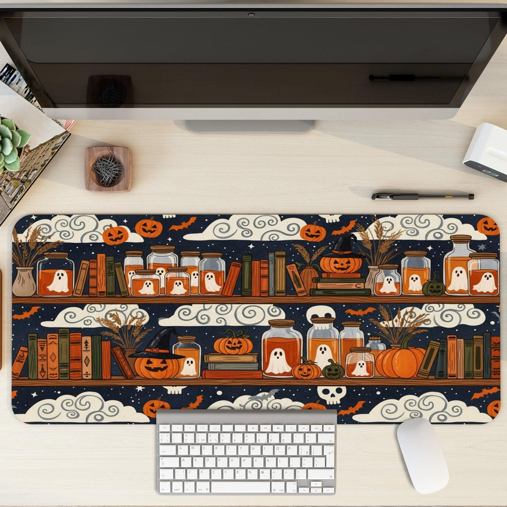 Halloween Witchy Shelf Desk Mat | Ghost Pumpkin Mouse Pad | Spooky Autumn Desk Decor