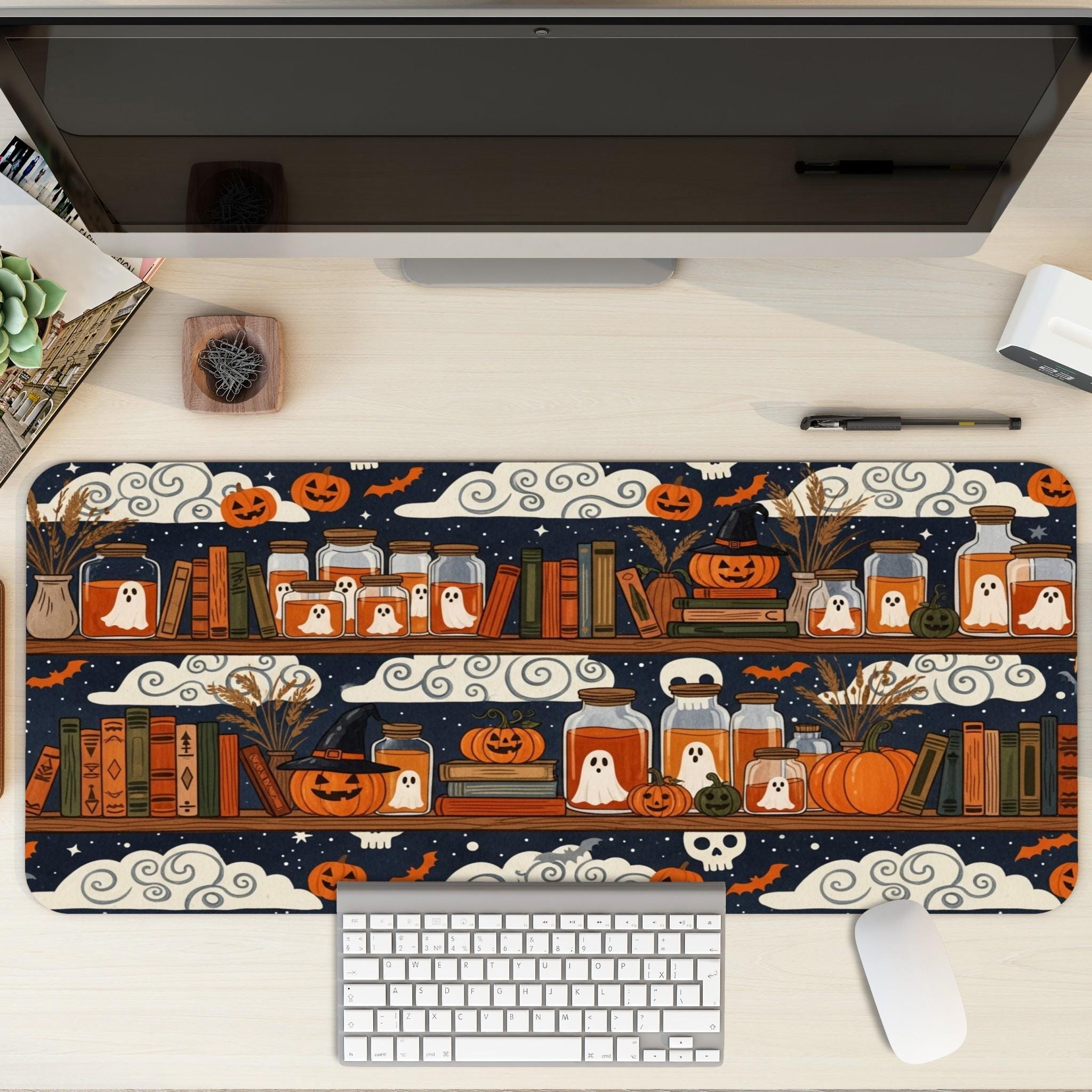 Halloween Witchy Shelf Desk Mat | Ghost Pumpkin Mouse Pad | Spooky Autumn Desk Decor