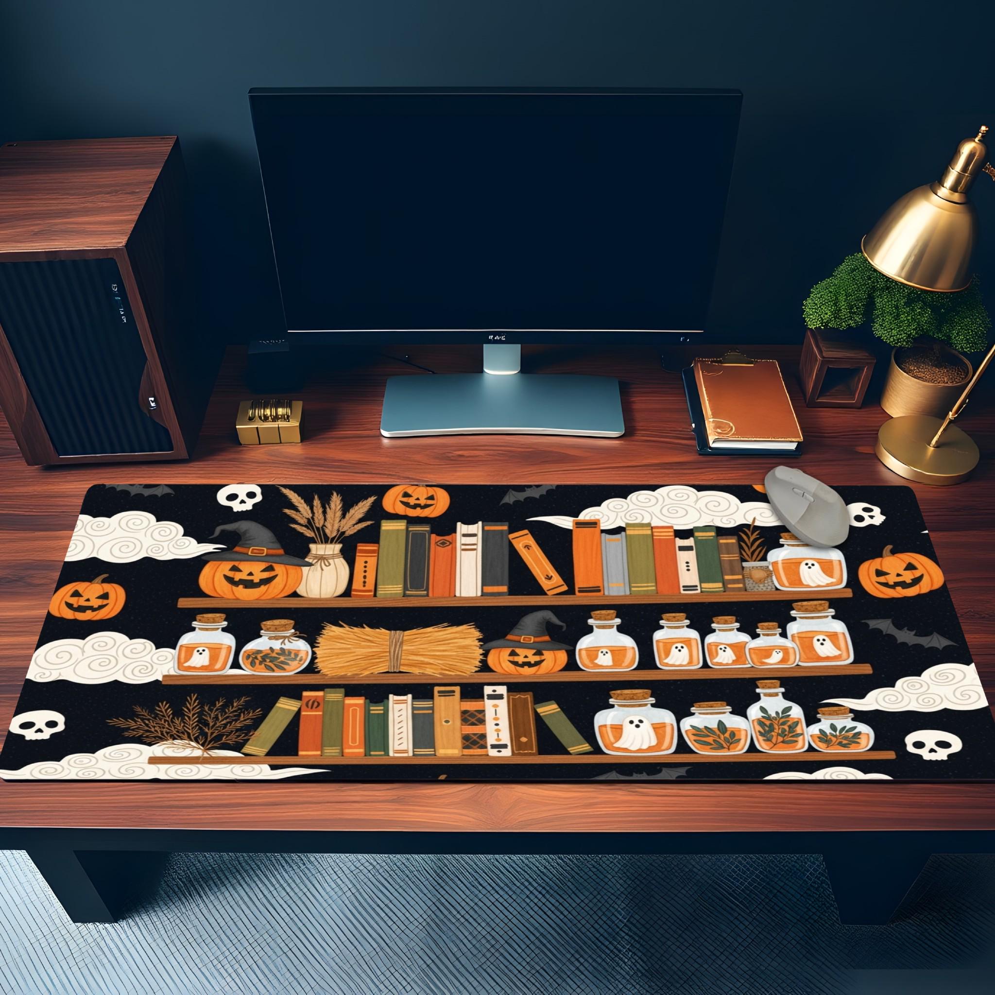 Halloween Bookshelf Desk Mat |  Cartoon Cottagecore Mouse Pad | Ghosts, Pumpkin Skulls, Witch Autumn Office Decor