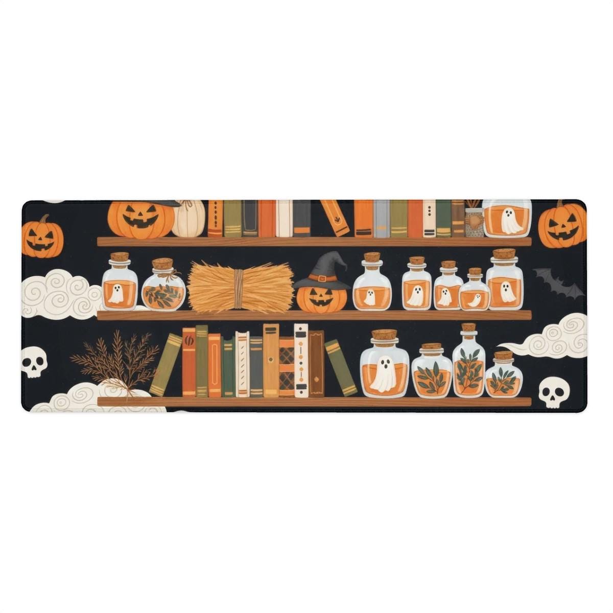 Halloween Bookshelf Desk Mat |  Cartoon Cottagecore Mouse Pad | Ghosts, Pumpkin Skulls, Witch Autumn Office Decor