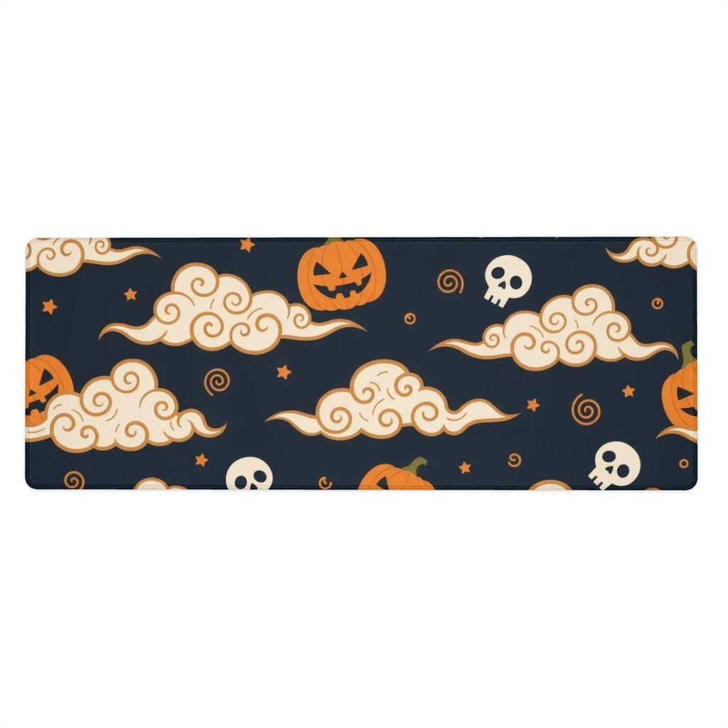 Japanese Halloween Desk Mat | Pumpkin Skull Mouse Pad | Orange Navy Cloud Pattern, Asian Aesthetic Office Decor
