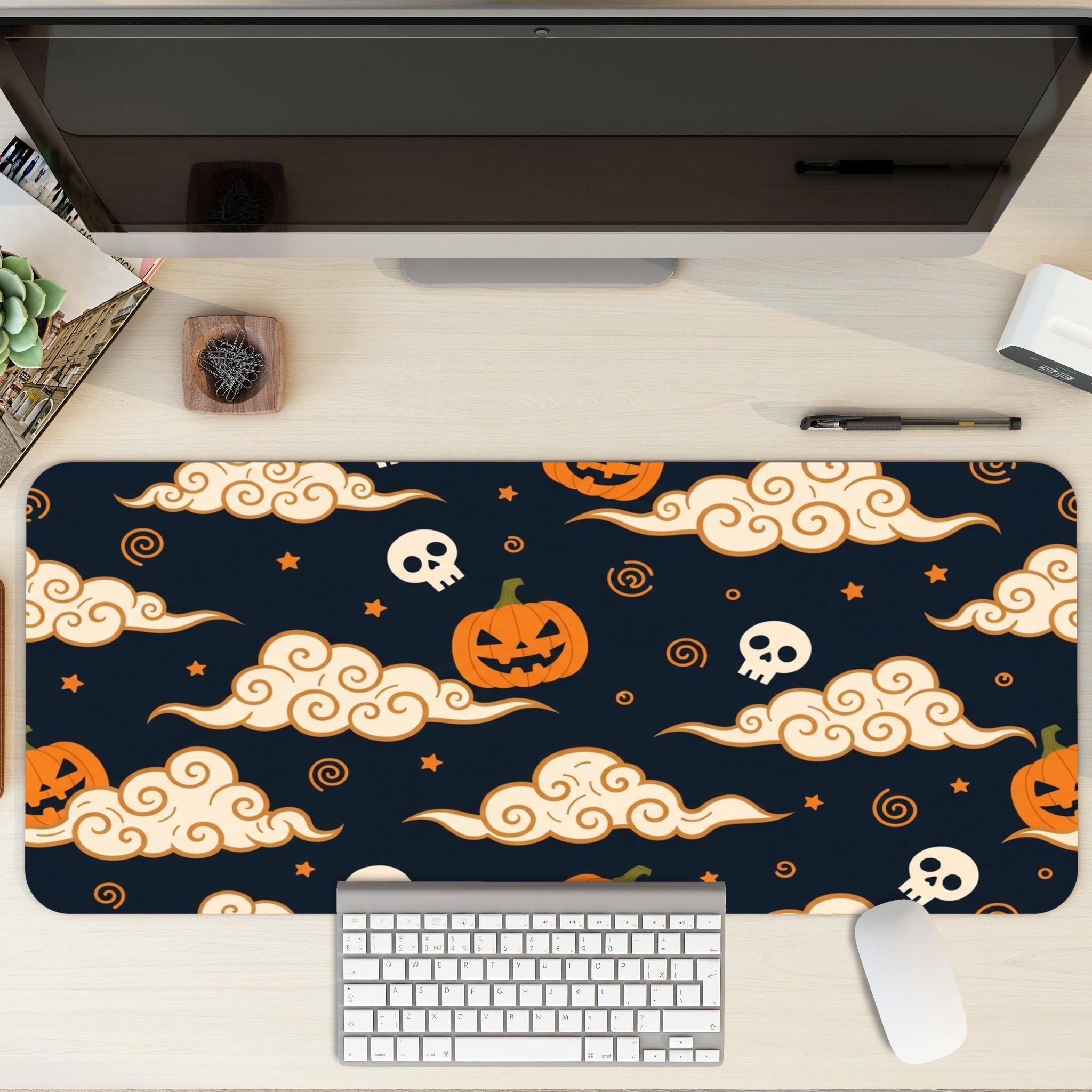 Japanese Halloween Desk Mat | Pumpkin Skull Mouse Pad | Orange Navy Cloud Pattern, Asian Aesthetic Office Decor