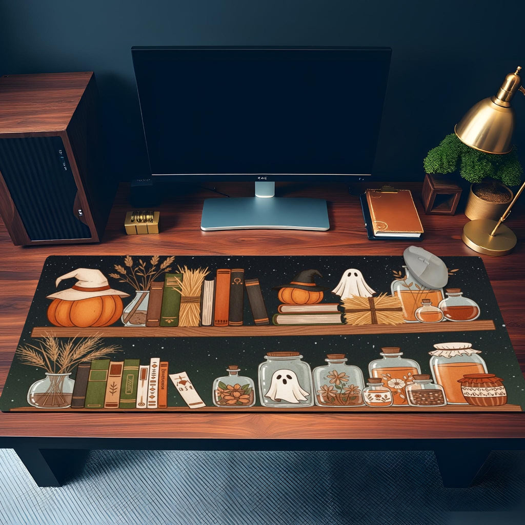 Witch Shelf Desk Mat| Witch Pumpkin Mouse Pad | Large Autumn Gaming Pad, Orange Brown Ghost Bottles, Cozy Fall Office Decor, Mousepad