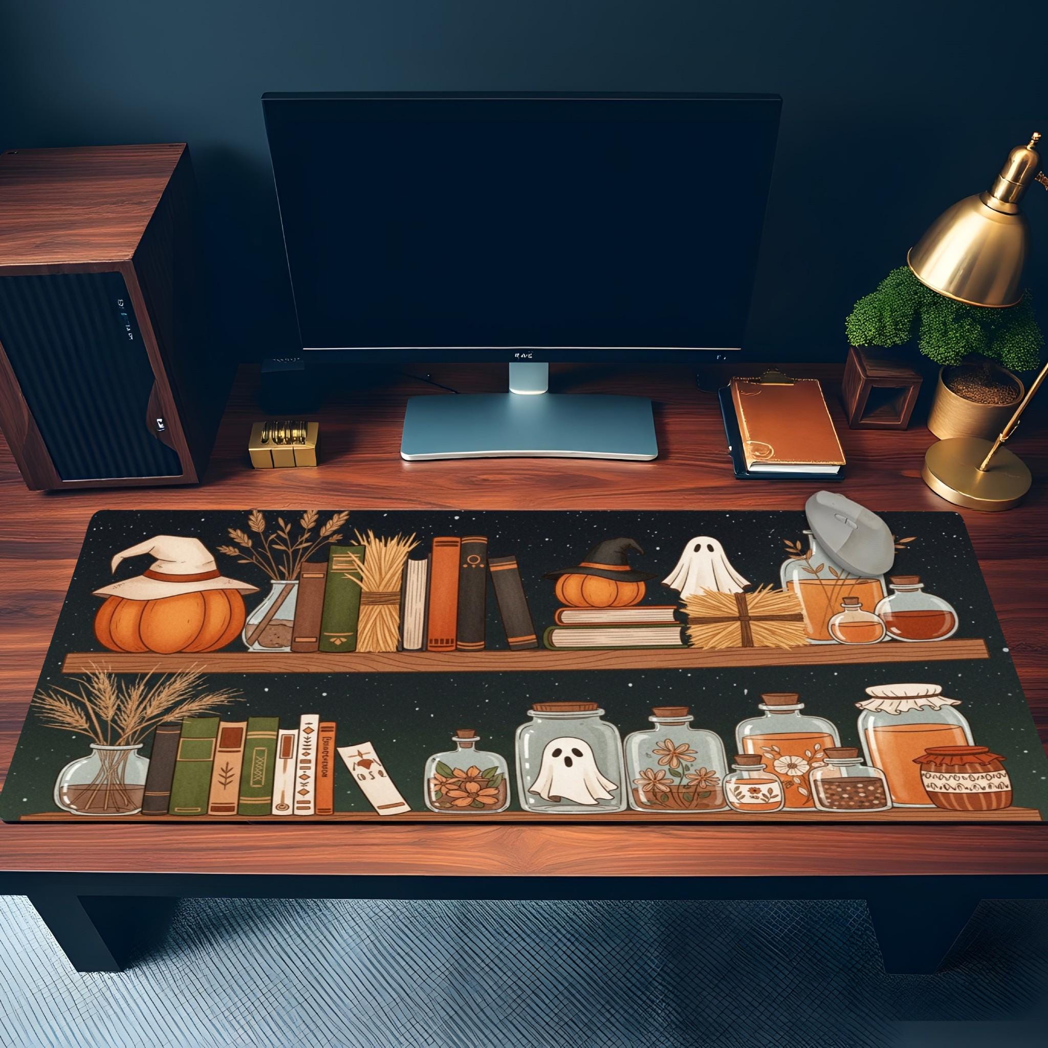 Witch Shelf Desk Mat| Witch Pumpkin Mouse Pad | Large Autumn Gaming Pad, Orange Brown Ghost Bottles, Cozy Fall Office Decor, Mousepad