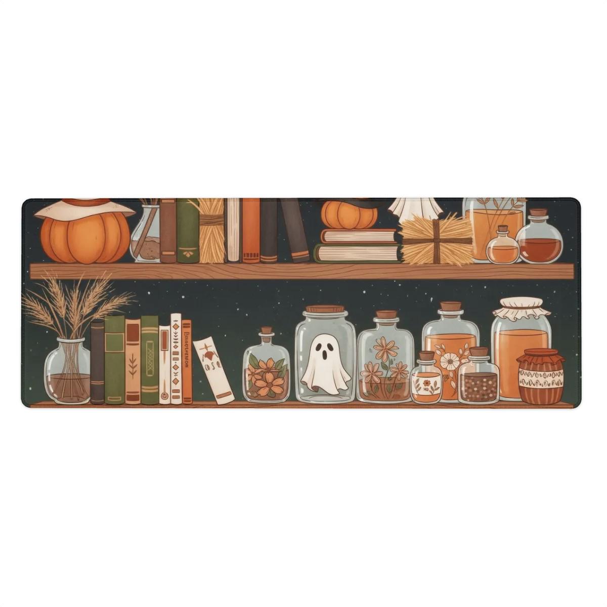 Witch Shelf Desk Mat| Witch Pumpkin Mouse Pad | Large Autumn Gaming Pad, Orange Brown Ghost Bottles, Cozy Fall Office Decor, Mousepad