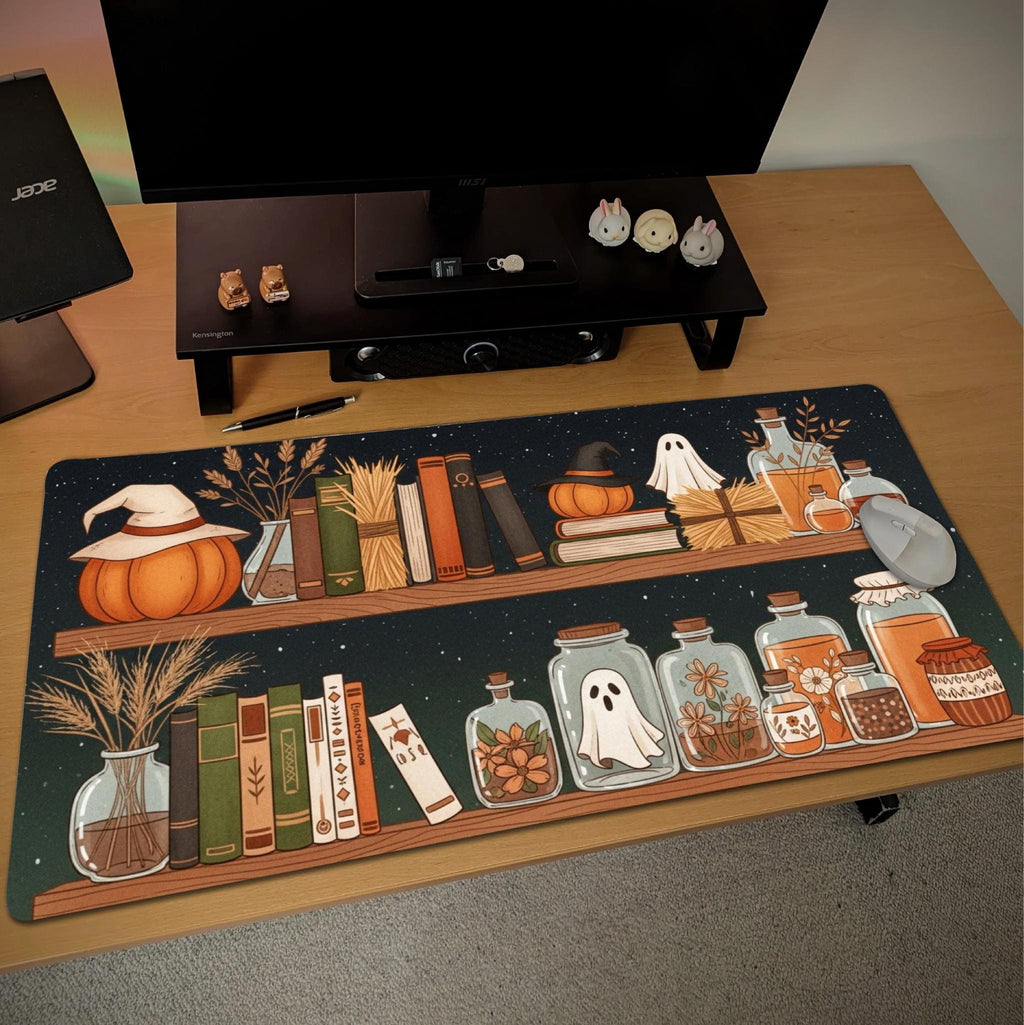 Witch Shelf Desk Mat| Witch Pumpkin Mouse Pad | Large Autumn Gaming Pad, Orange Brown Ghost Bottles, Cozy Fall Office Decor, Mousepad