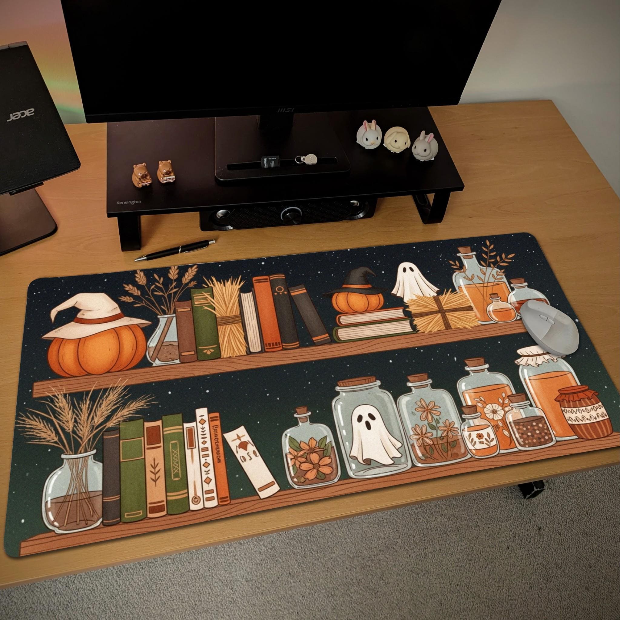 Witch Shelf Desk Mat| Witch Pumpkin Mouse Pad | Large Autumn Gaming Pad, Orange Brown Ghost Bottles, Cozy Fall Office Decor, Mousepad
