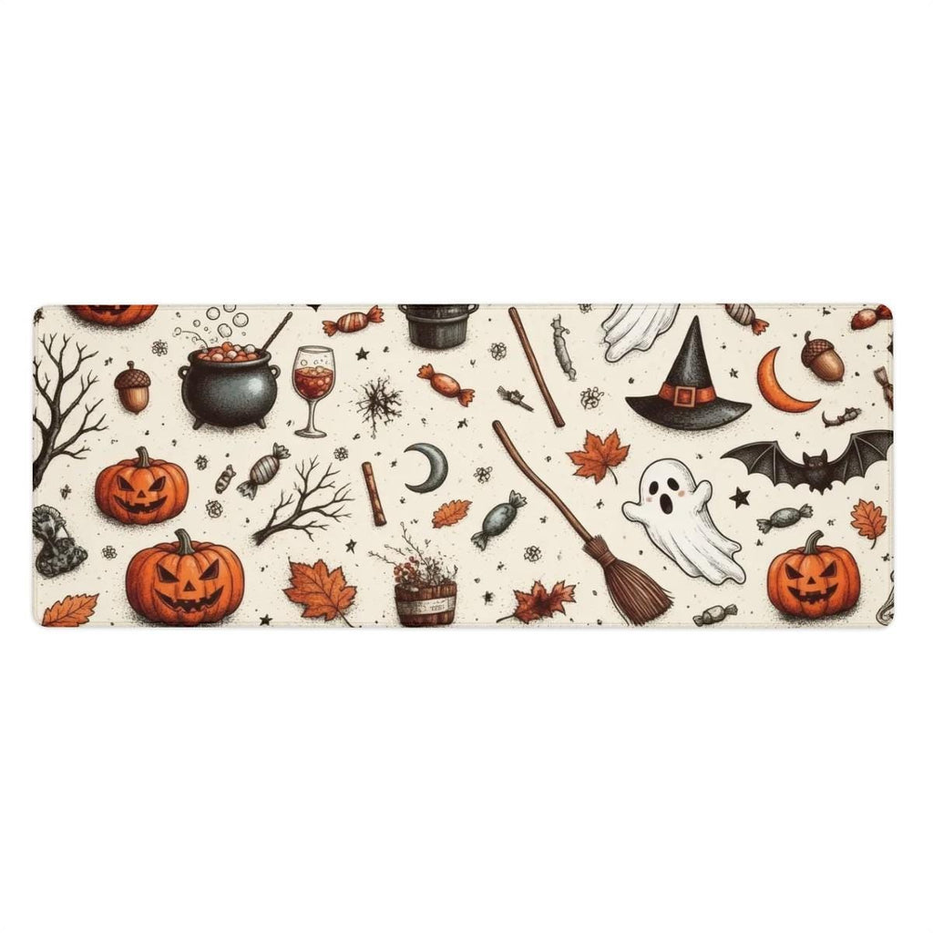 Halloween Pattern Desk Mat | Ghosts & Pumpkin Heads Motifs Mouse Pad | Illustrated Festive Desk Art Decor