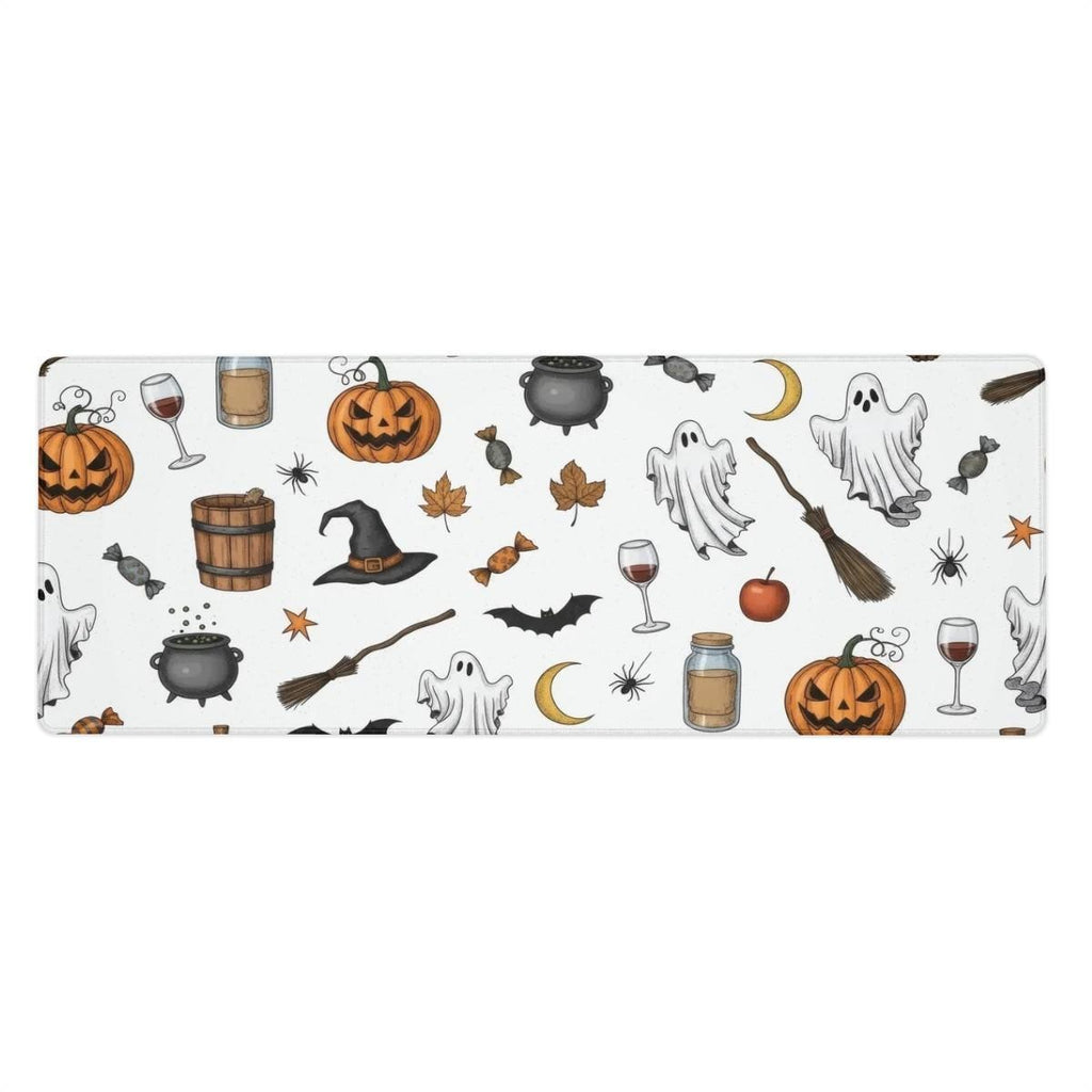 White Halloween Pattern Desk Mat | Witchy Decor Mouse Pad | Cute Illustration Trick or Treat Theme