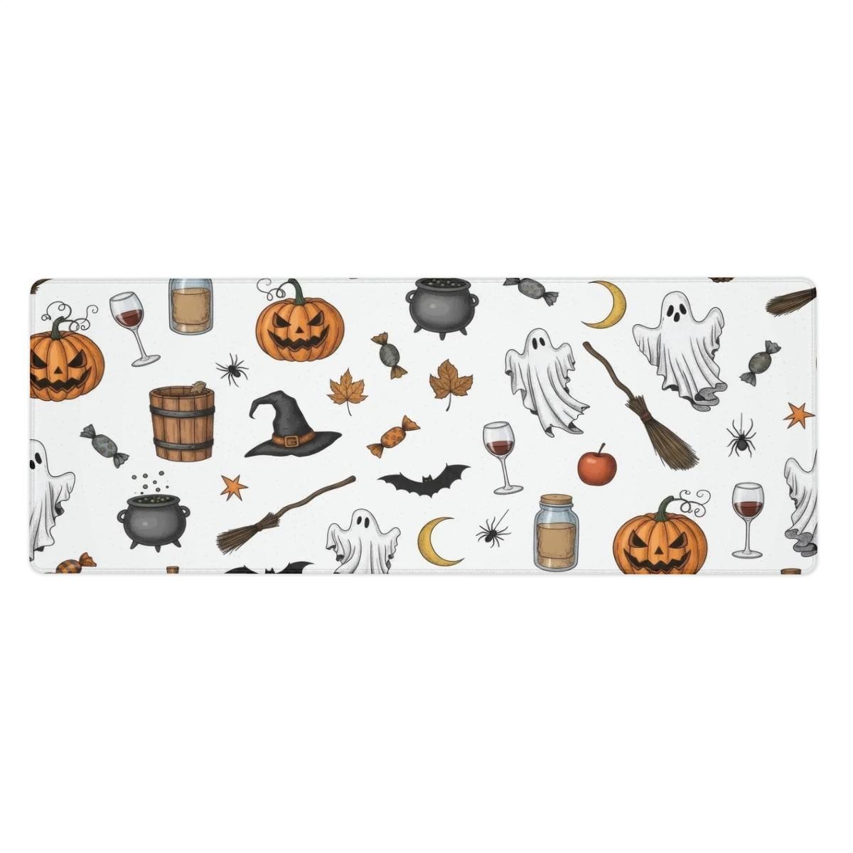 White Halloween Pattern Desk Mat | Witchy Decor Mouse Pad | Cute Illustration Trick or Treat Theme