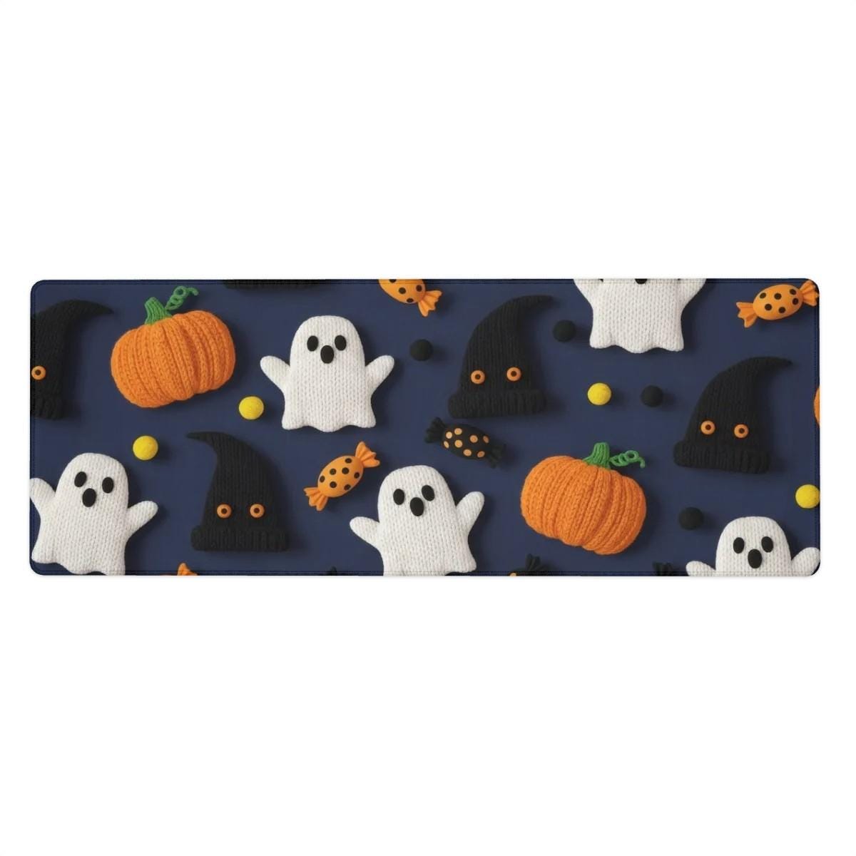 Navy Halloween Desk Mat | Spooky Knit Ornaments Mouse Pad, Decorative Desk Accessory