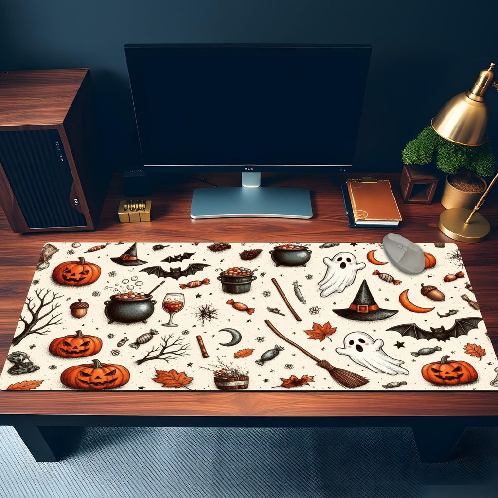 Halloween Pattern Desk Mat | Ghosts & Pumpkin Heads Motifs Mouse Pad | Illustrated Festive Desk Art Decor
