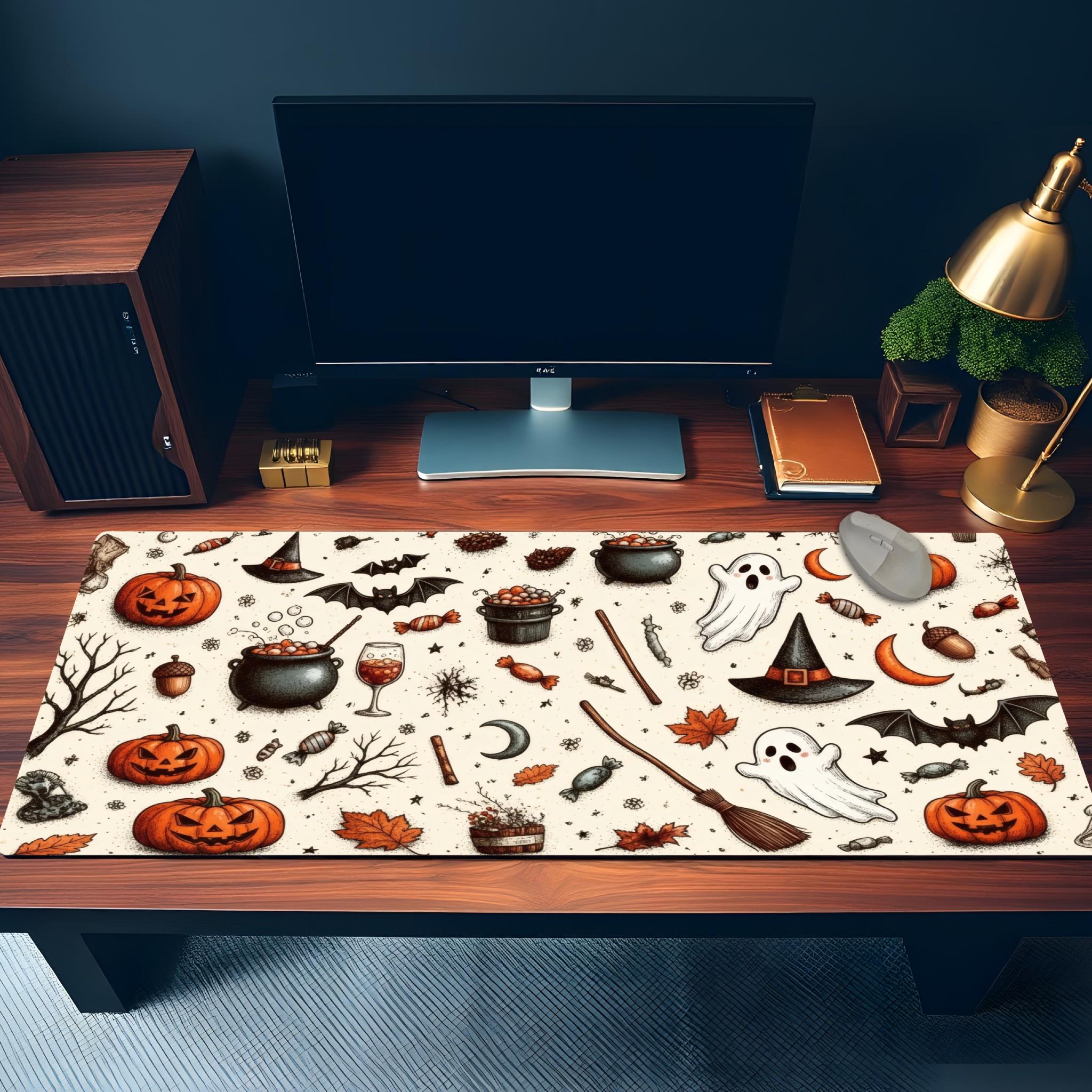 Halloween Pattern Desk Mat | Ghosts & Pumpkin Heads Motifs Mouse Pad | Illustrated Festive Desk Art Decor